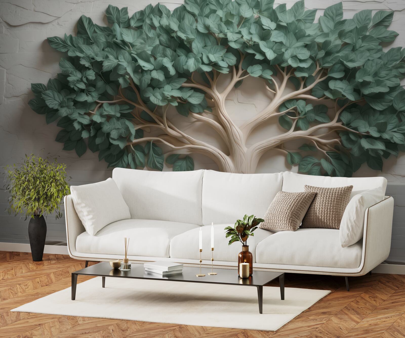 Papier peint arbre au feuillage vert dense