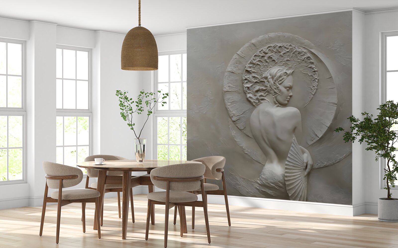 Papier peint une fille se cache le visage derrière un ventilateur