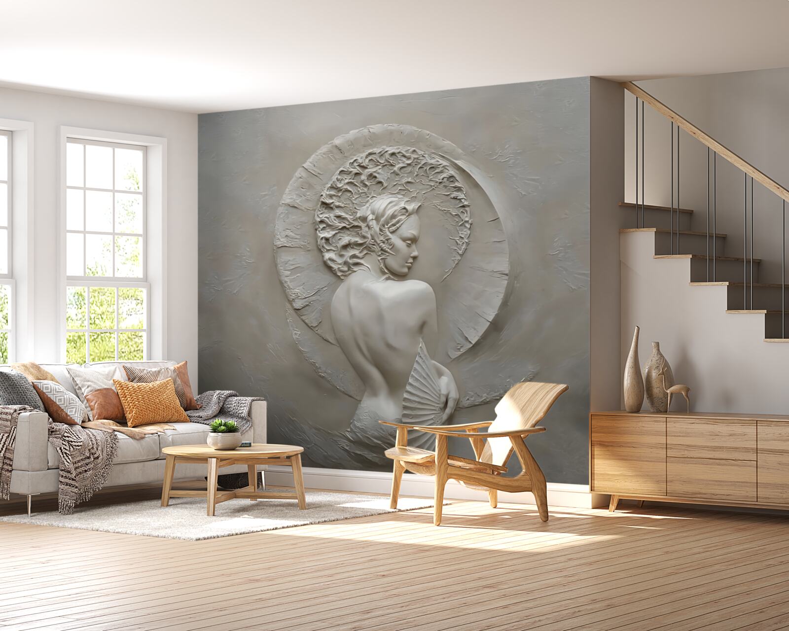 Papier peint une fille se cache le visage derrière un ventilateur