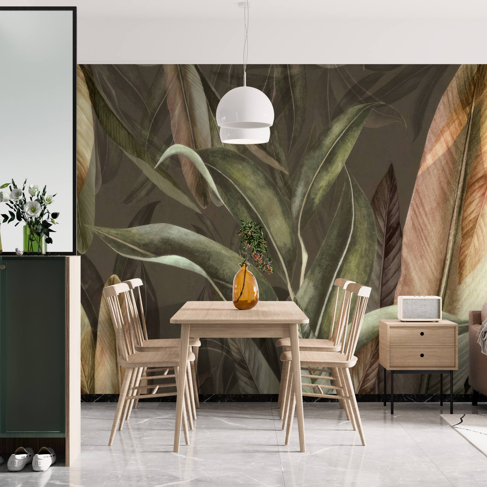 Papier peint feuilles dans les tons de brun et de vert