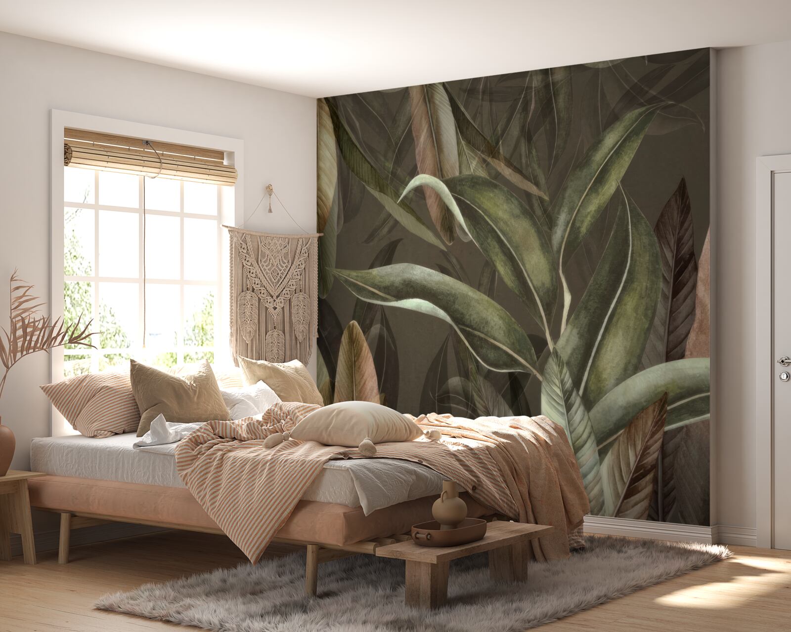 Papier peint feuilles dans les tons de brun et de vert