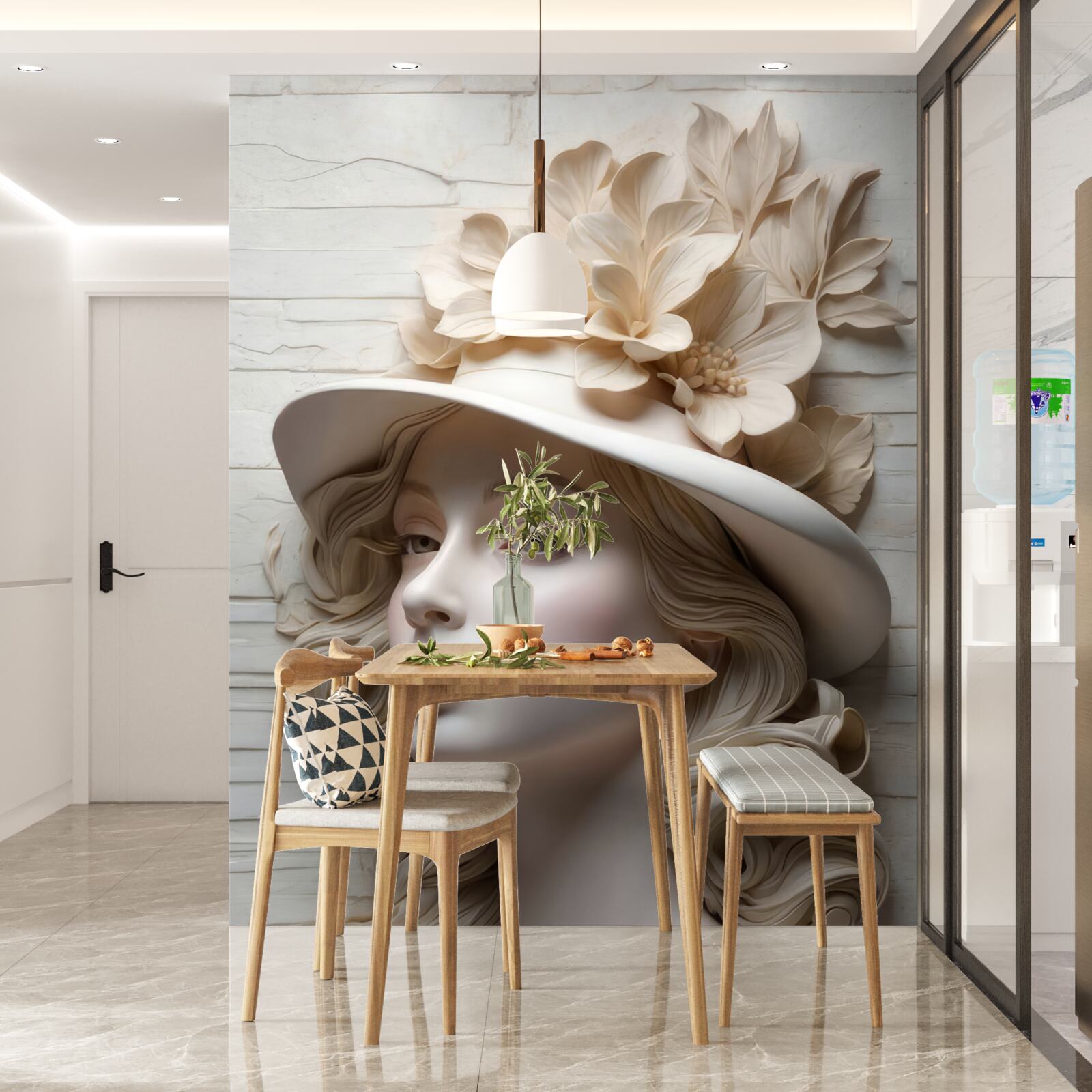 Papier peint belle dame avec un chapeau décoré de fleurs