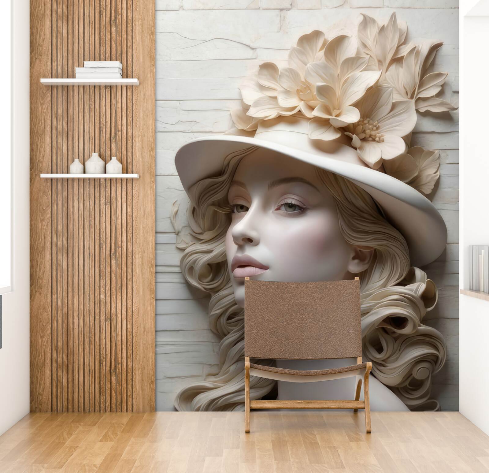 Papier peint belle dame avec un chapeau décoré de fleurs
