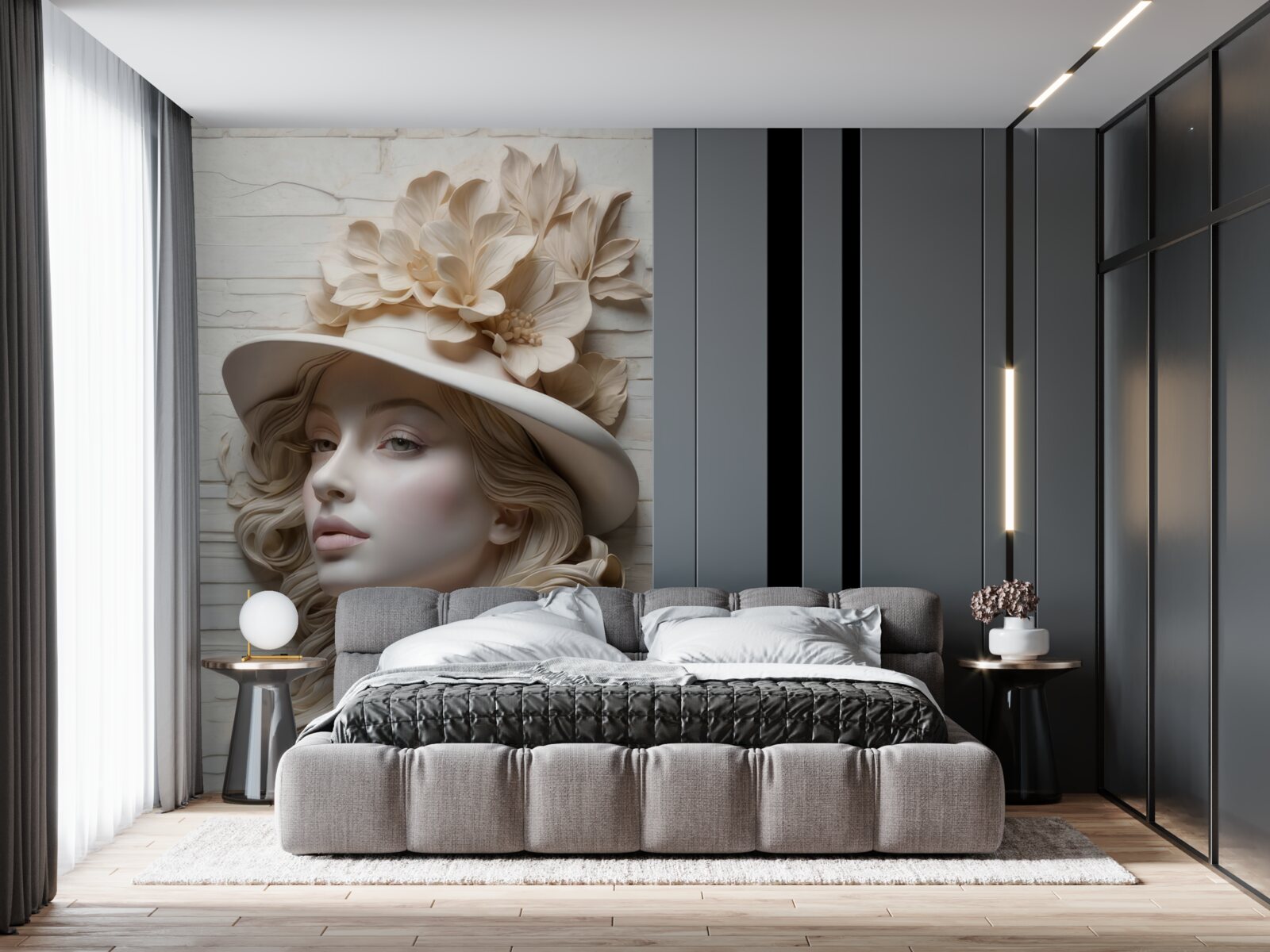 Papier peint belle dame avec un chapeau décoré de fleurs