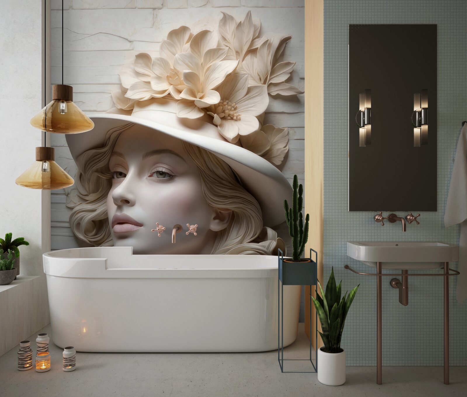 Papier peint belle dame avec un chapeau décoré de fleurs