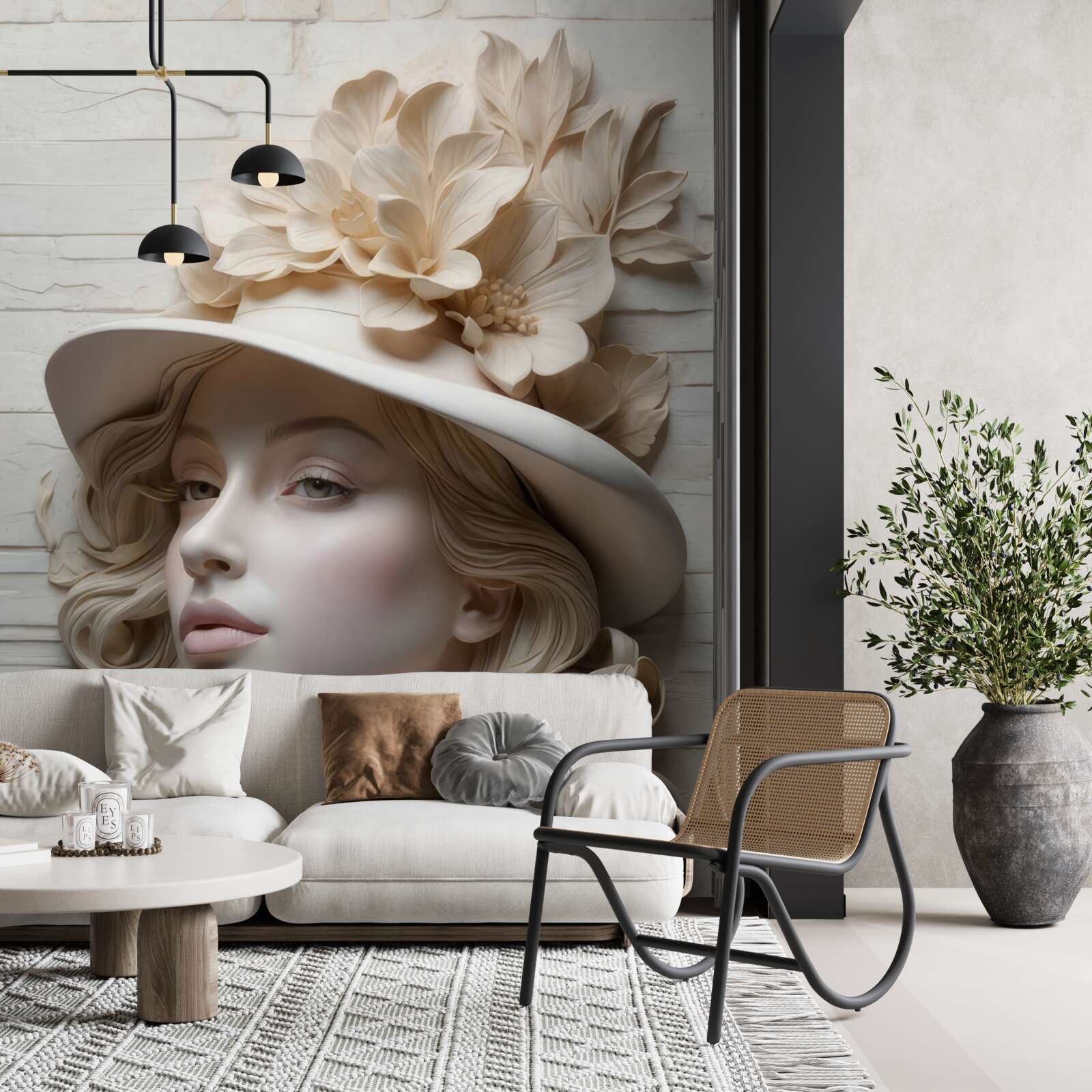 Papier peint belle dame avec un chapeau décoré de fleurs