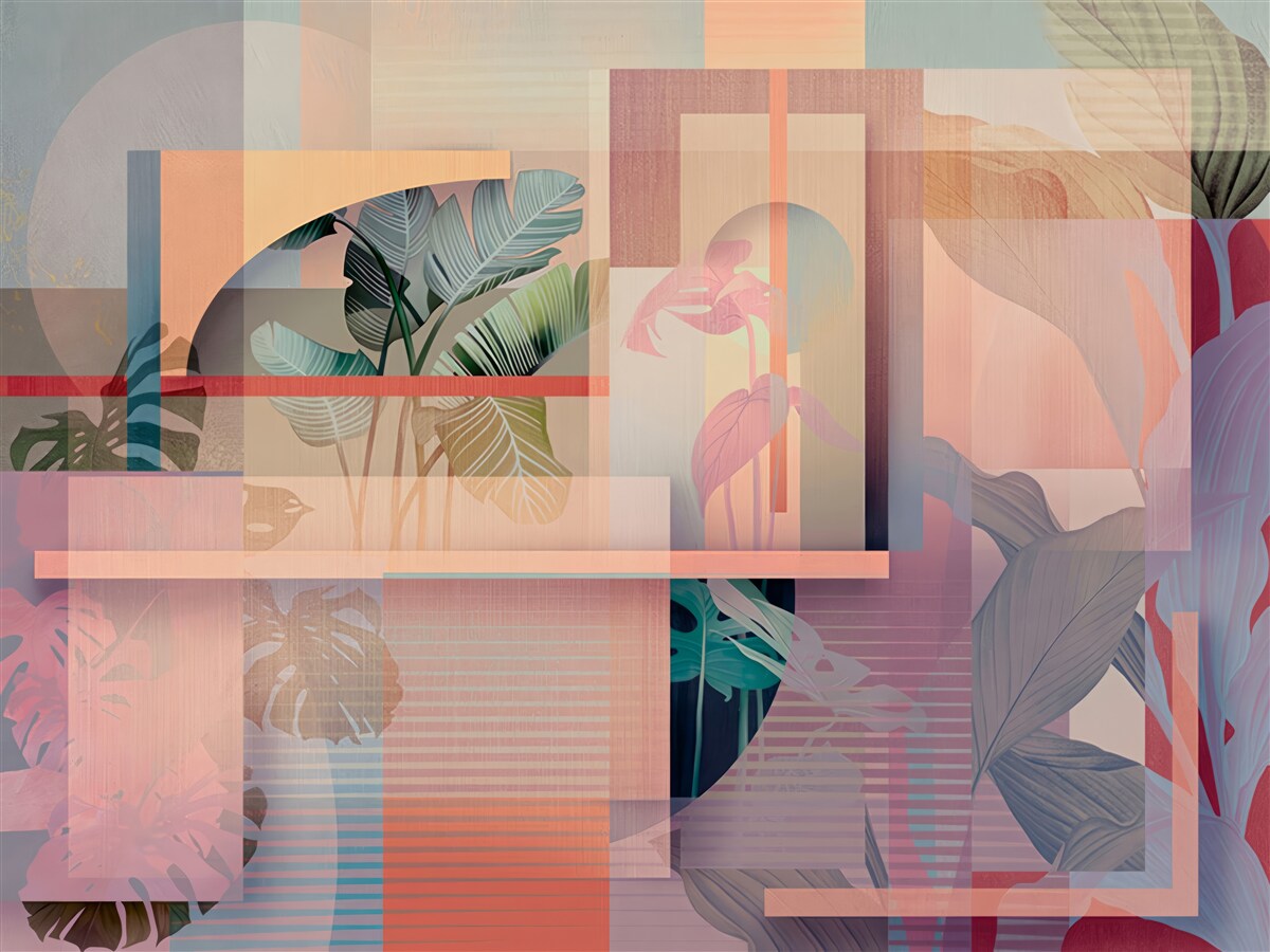 Papier peint arrière-plan avec des éléments de végétation et des formes géométriques