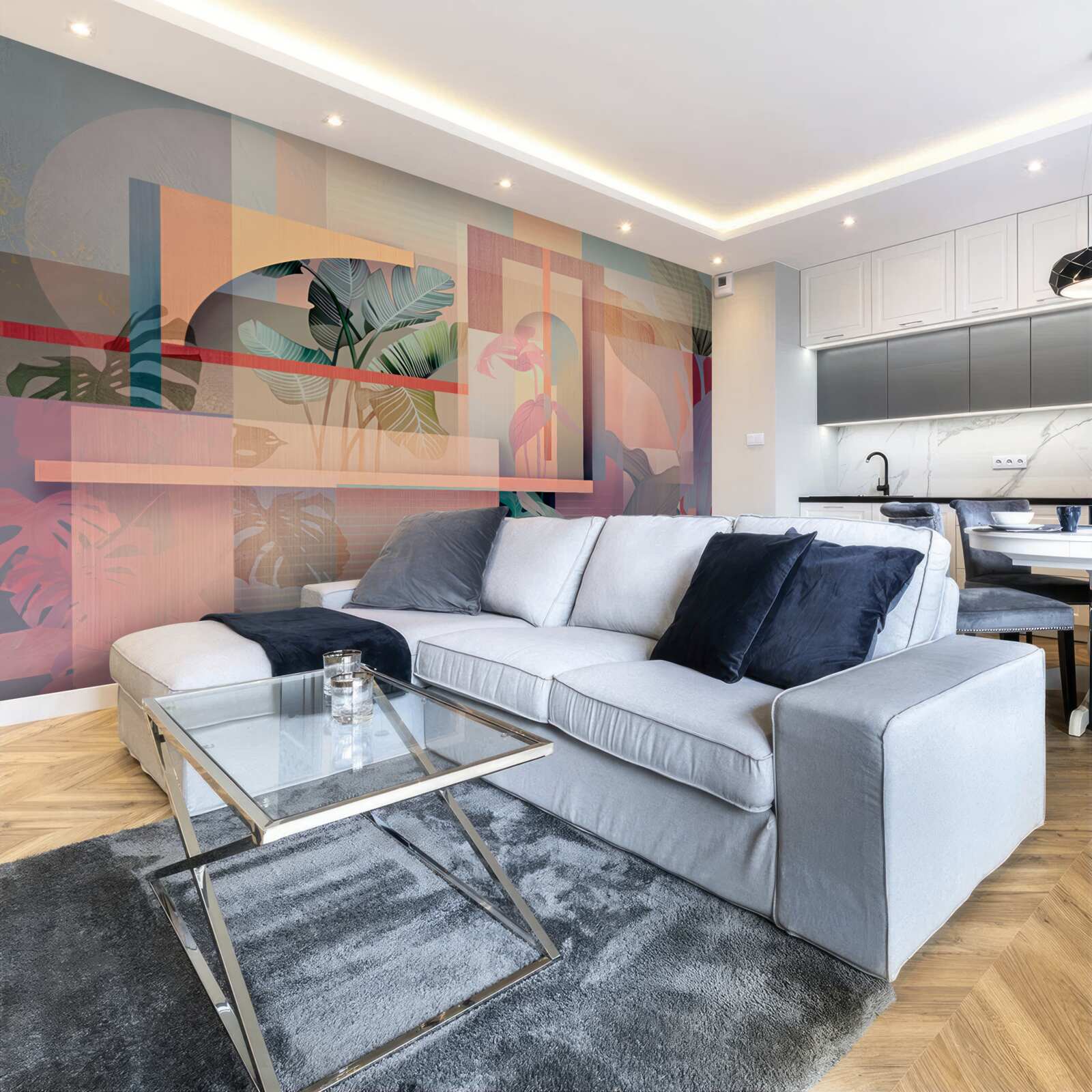 Papier peint arrière-plan avec des éléments de végétation et des formes géométriques