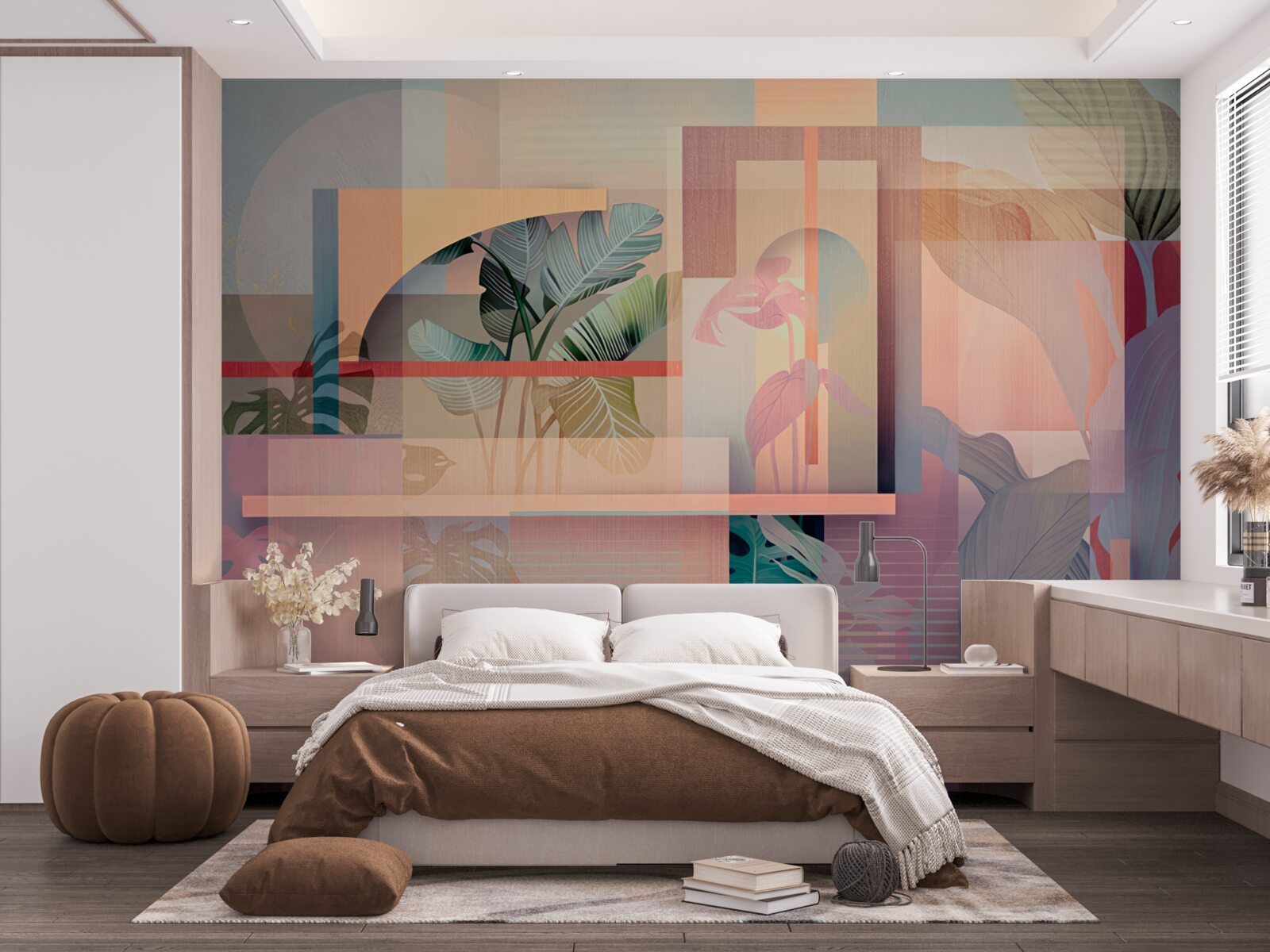 Papier peint arrière-plan avec des éléments de végétation et des formes géométriques