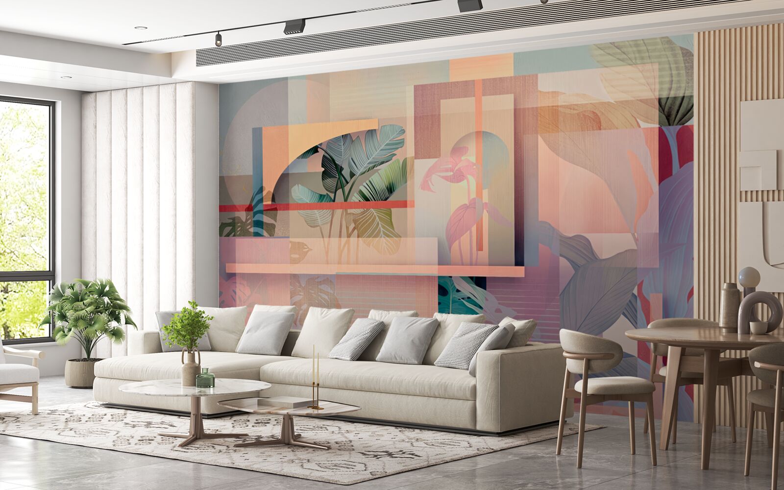 Papier peint arrière-plan avec des éléments de végétation et des formes géométriques