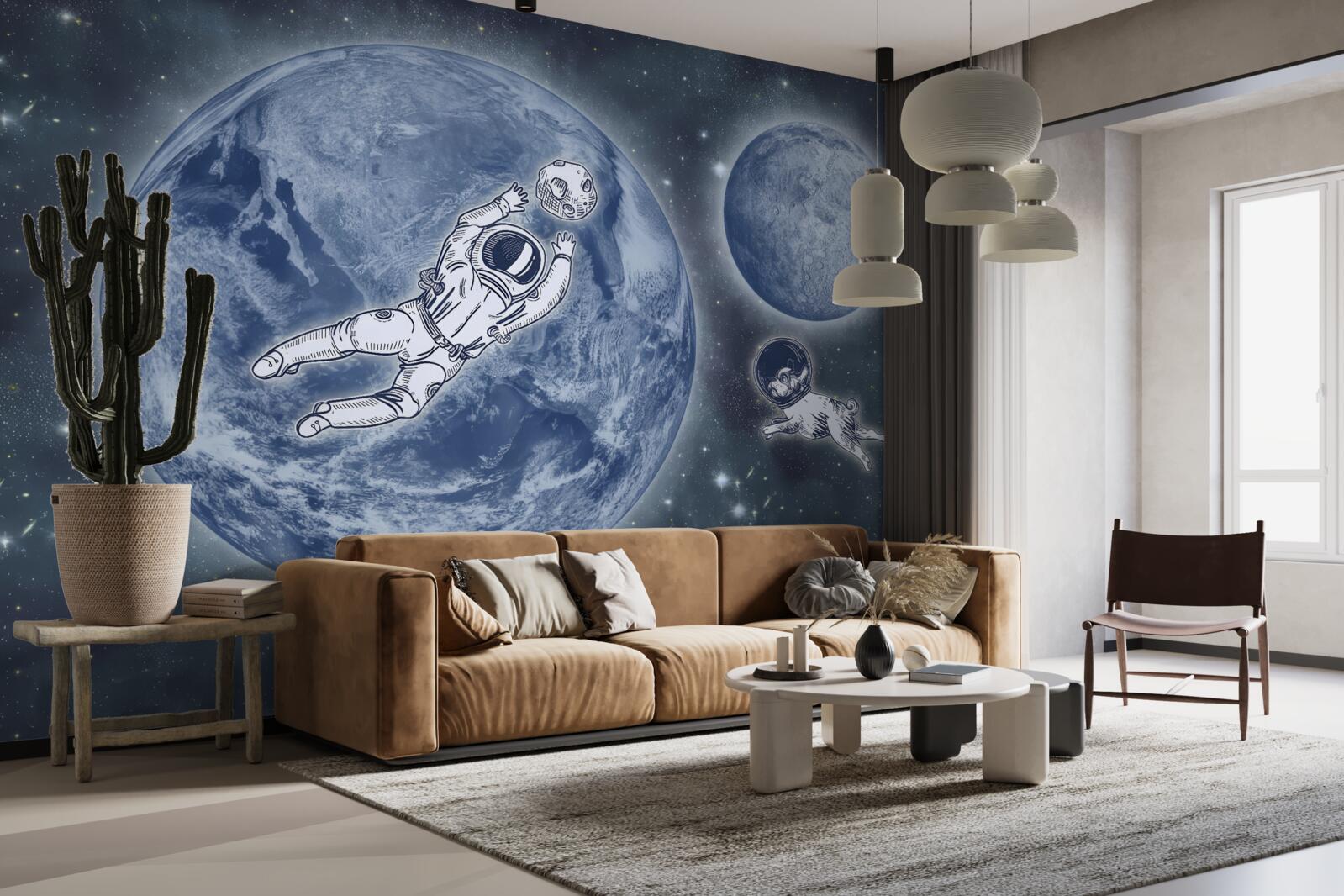 Papier peint Un astronaute et son chien s'envolent dans l'espace