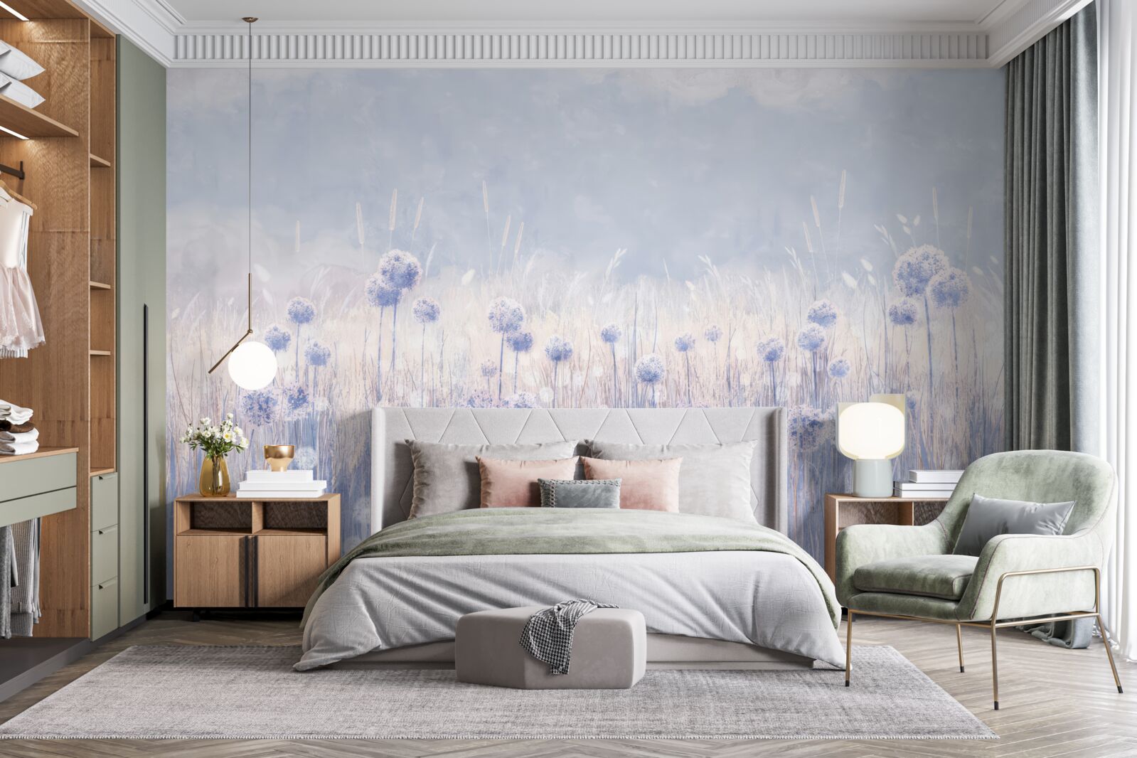 Papier peint plantes de couleur lilas sur fond clair