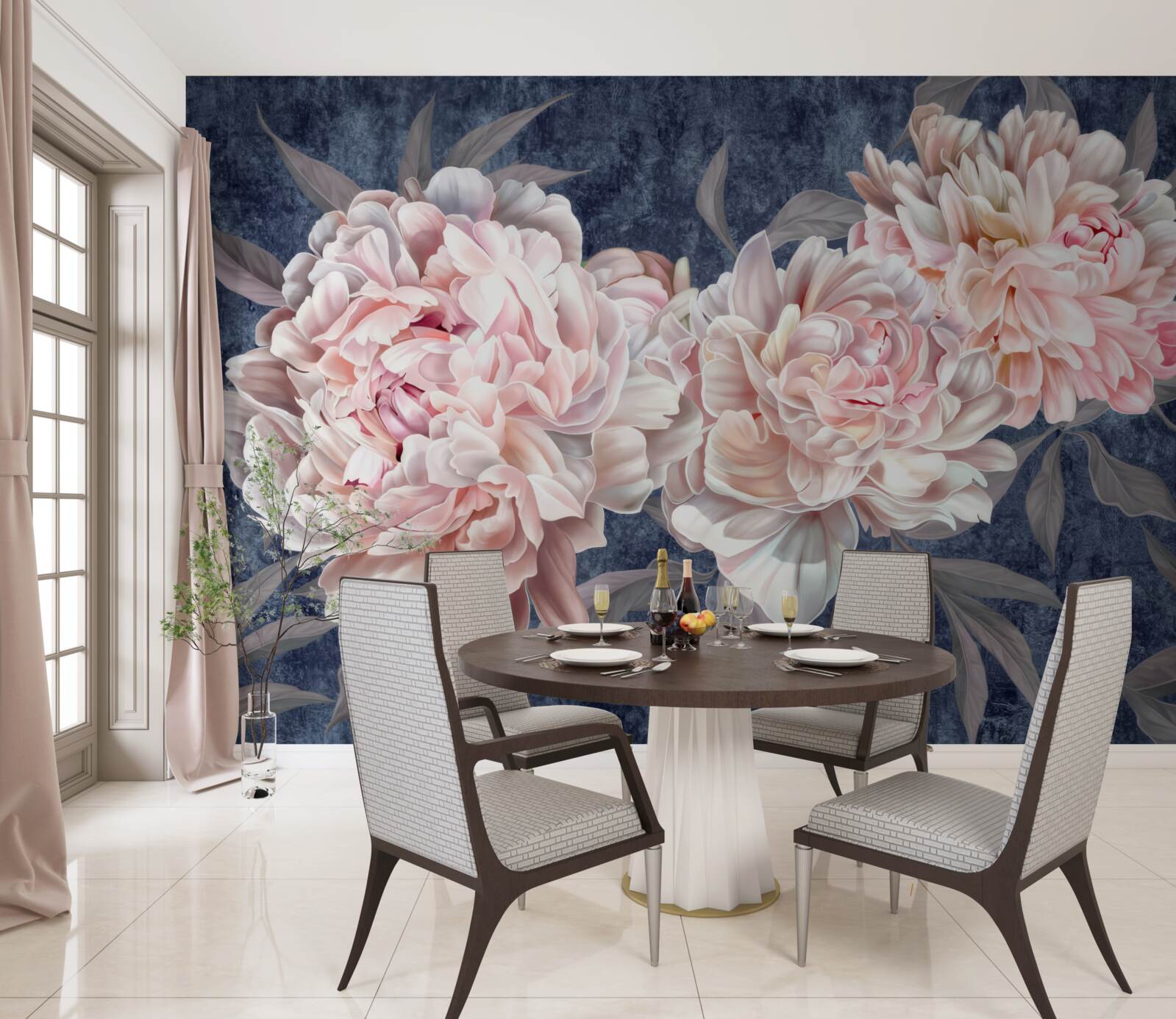 Papier peint grandes pivoines lumineuses sur une surface sombre