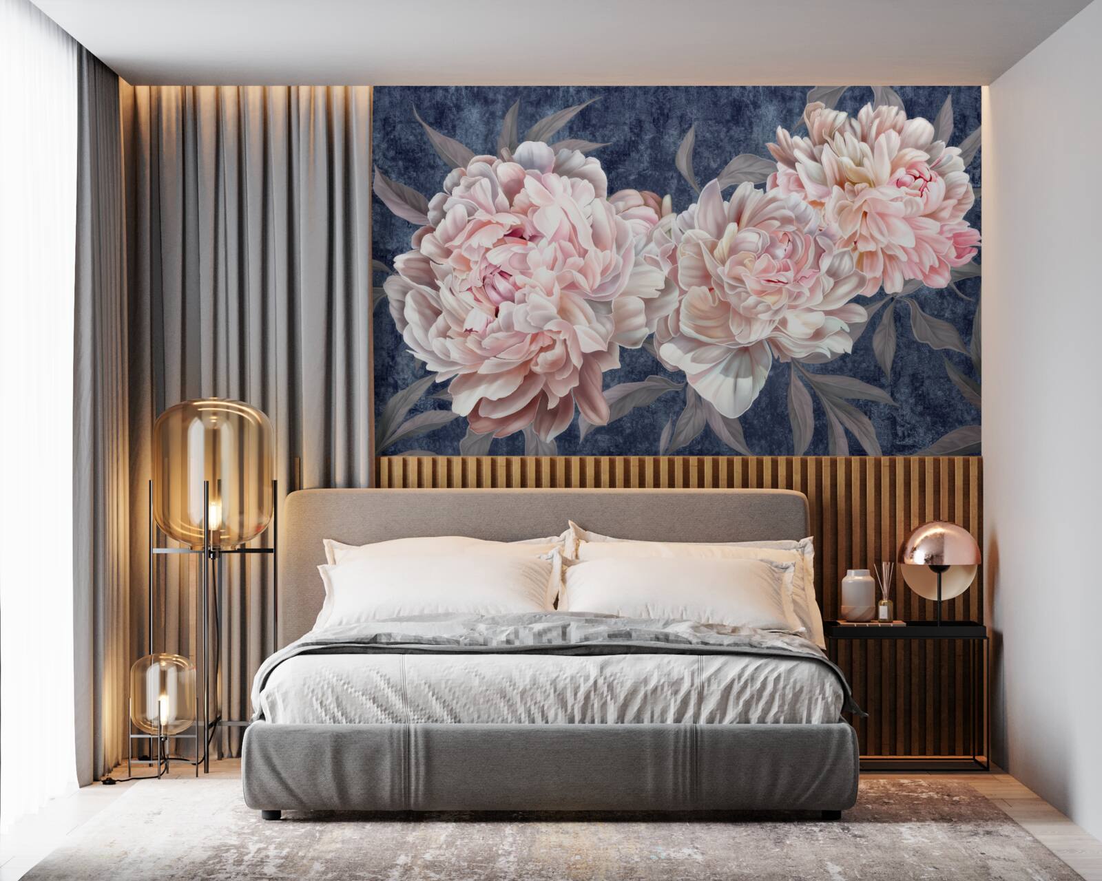 Papier peint grandes pivoines lumineuses sur une surface sombre