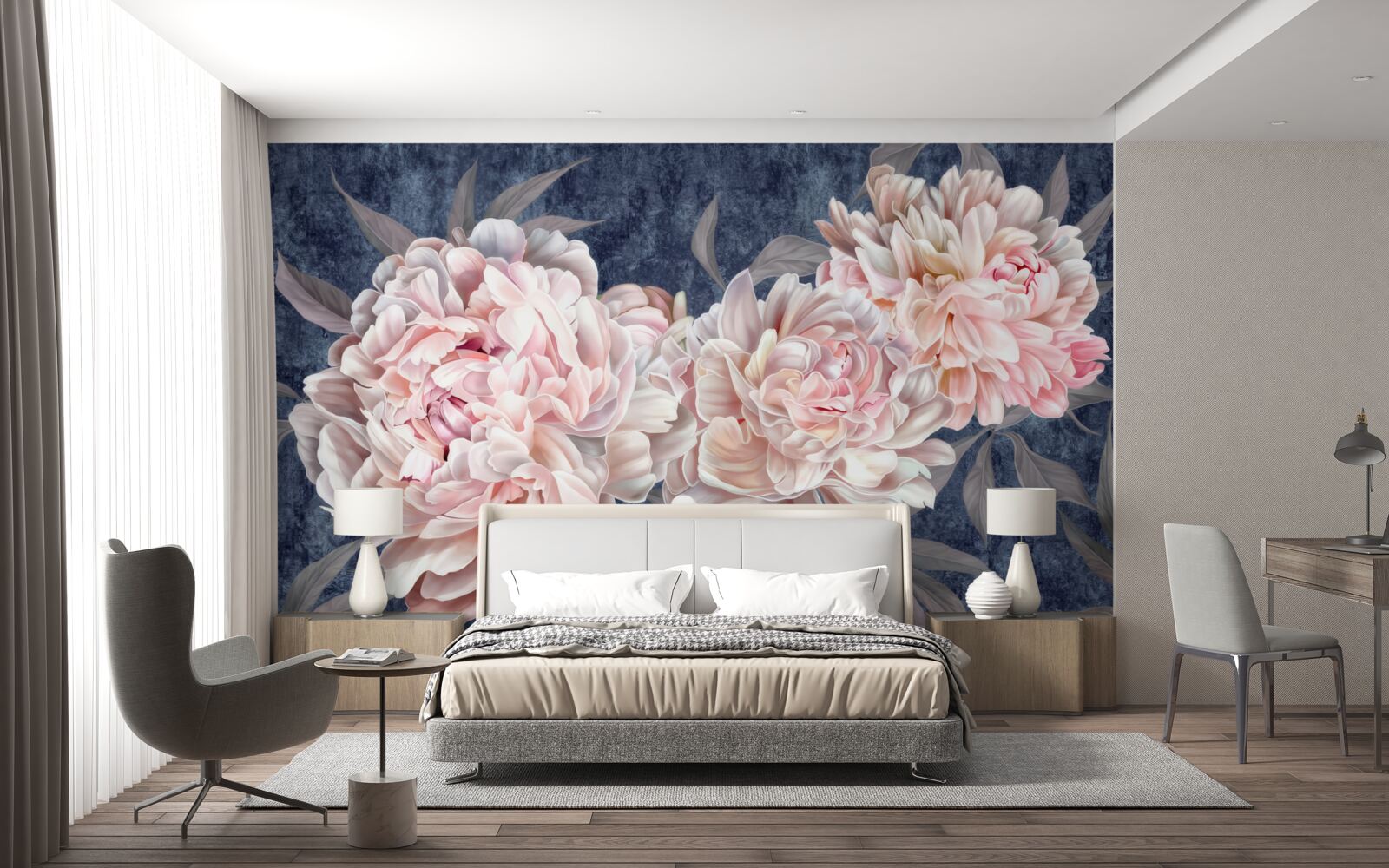 Papier peint grandes pivoines lumineuses sur une surface sombre