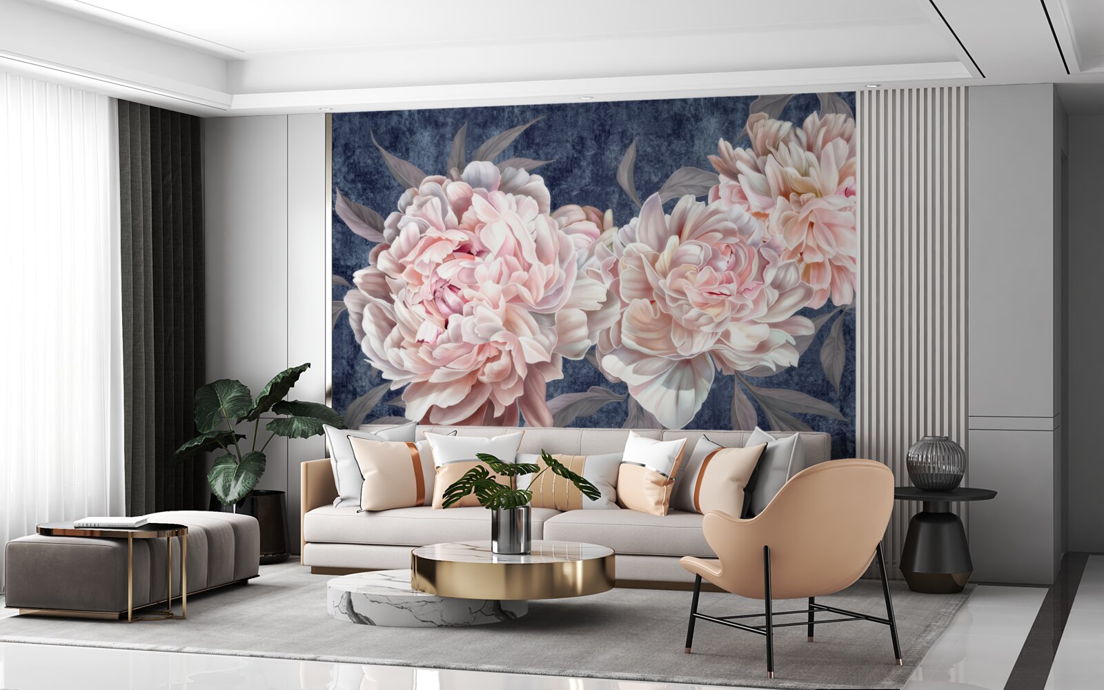 Papier peint grandes pivoines lumineuses sur une surface sombre