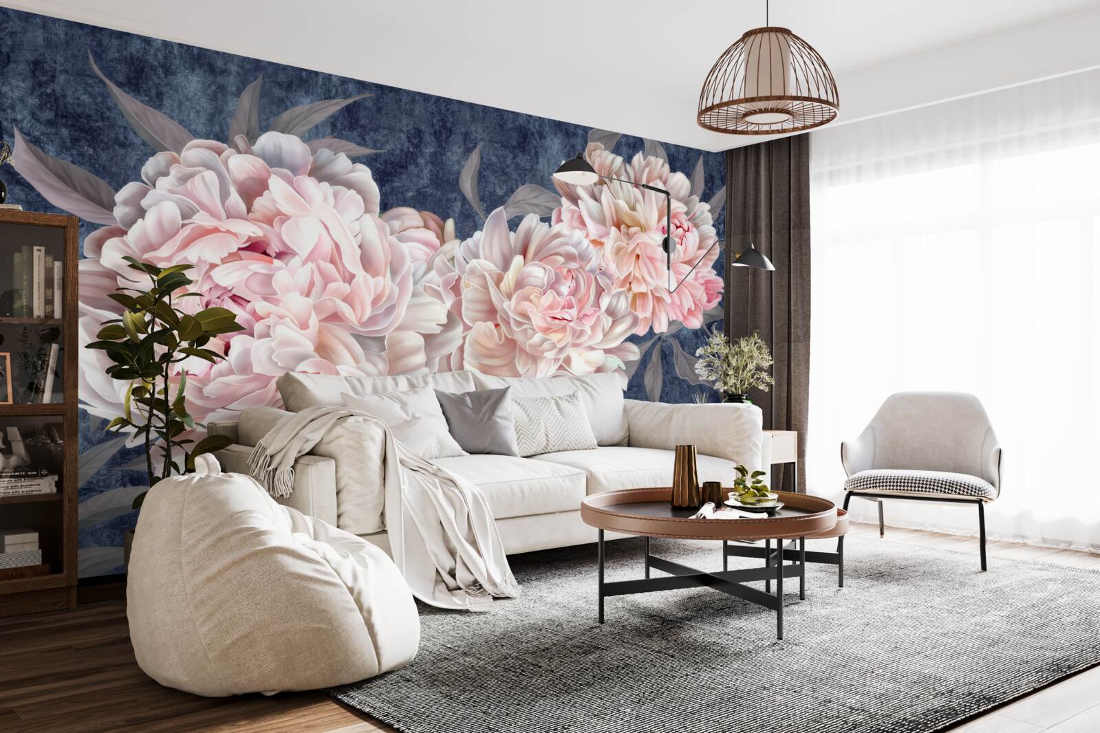 Papier peint grandes pivoines lumineuses sur une surface sombre