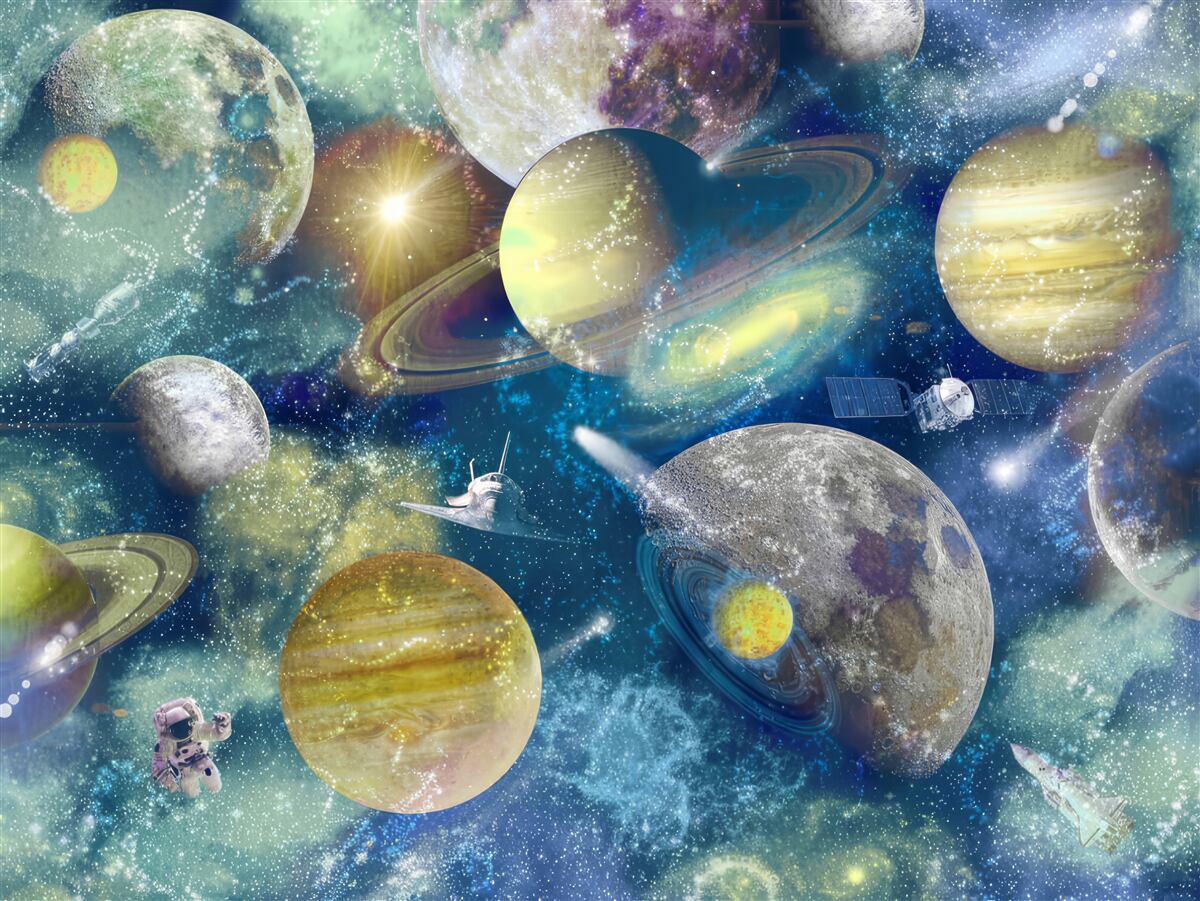 Papier peint astronaute sur fond de différentes planètes dans l'espace