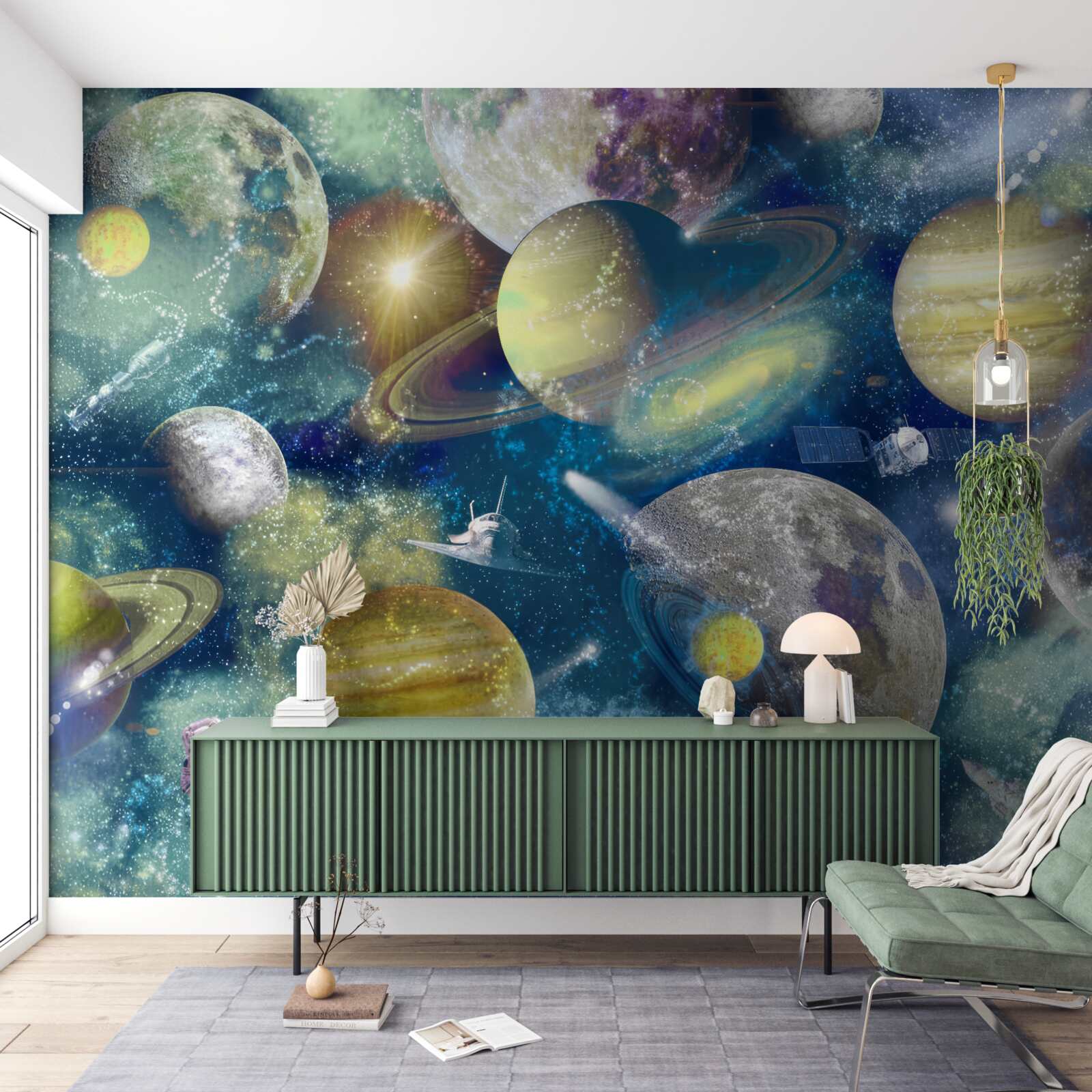 Papier peint astronaute sur fond de différentes planètes dans l'espace