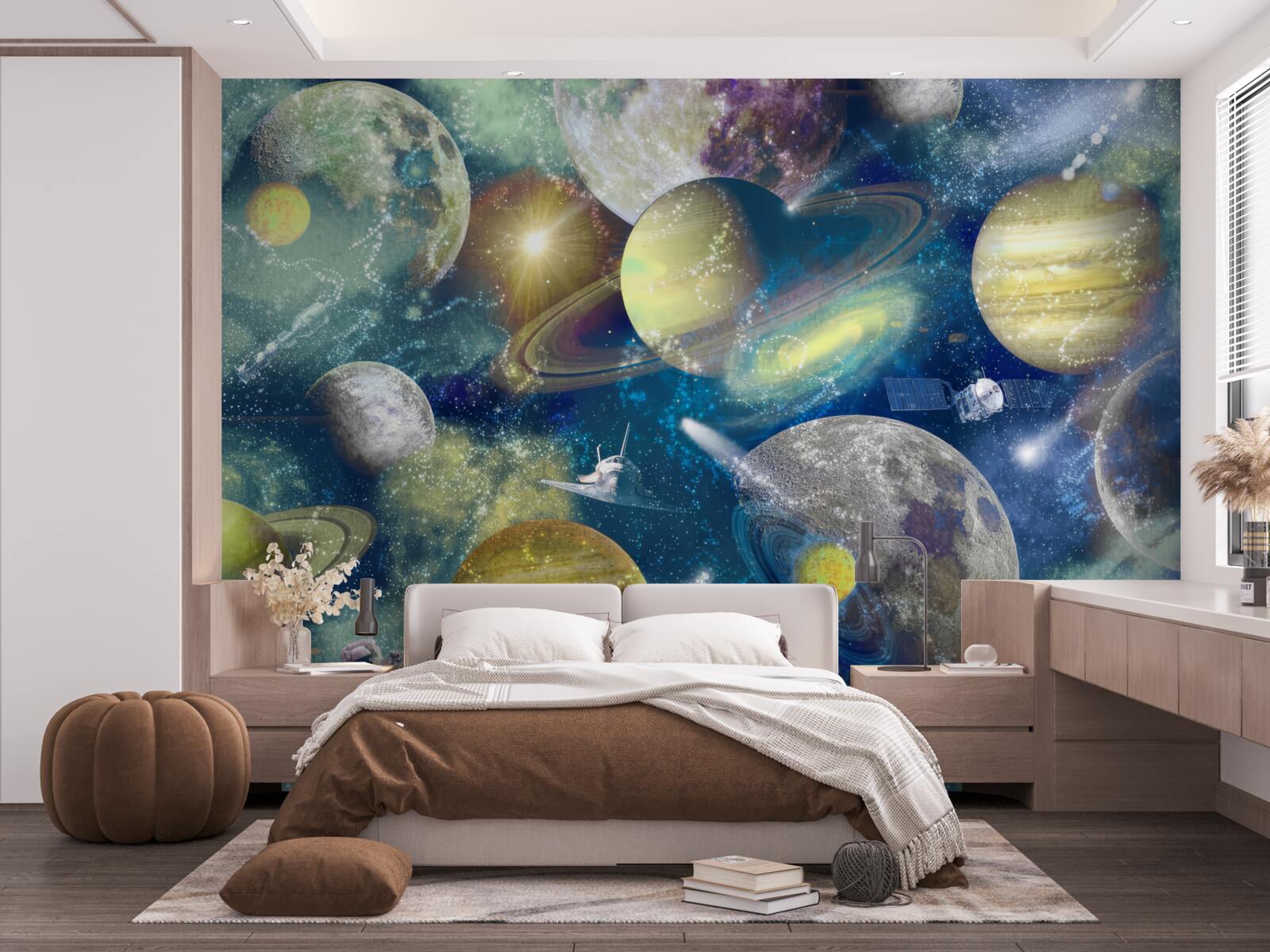 Papier peint astronaute sur fond de différentes planètes dans l'espace