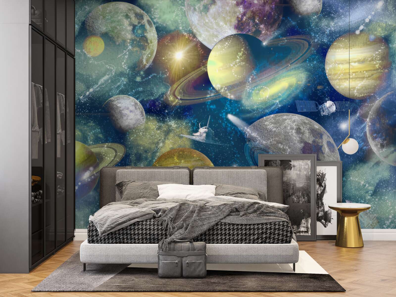 Papier peint astronaute sur fond de différentes planètes dans l'espace