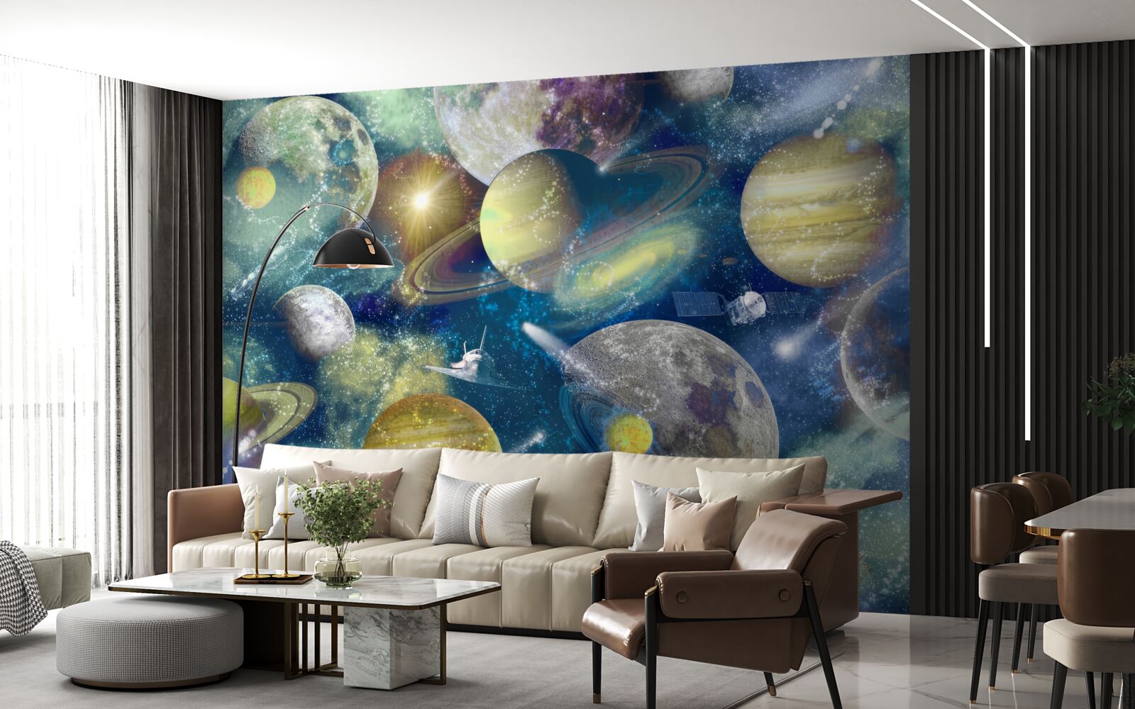 Papier peint astronaute sur fond de différentes planètes dans l'espace