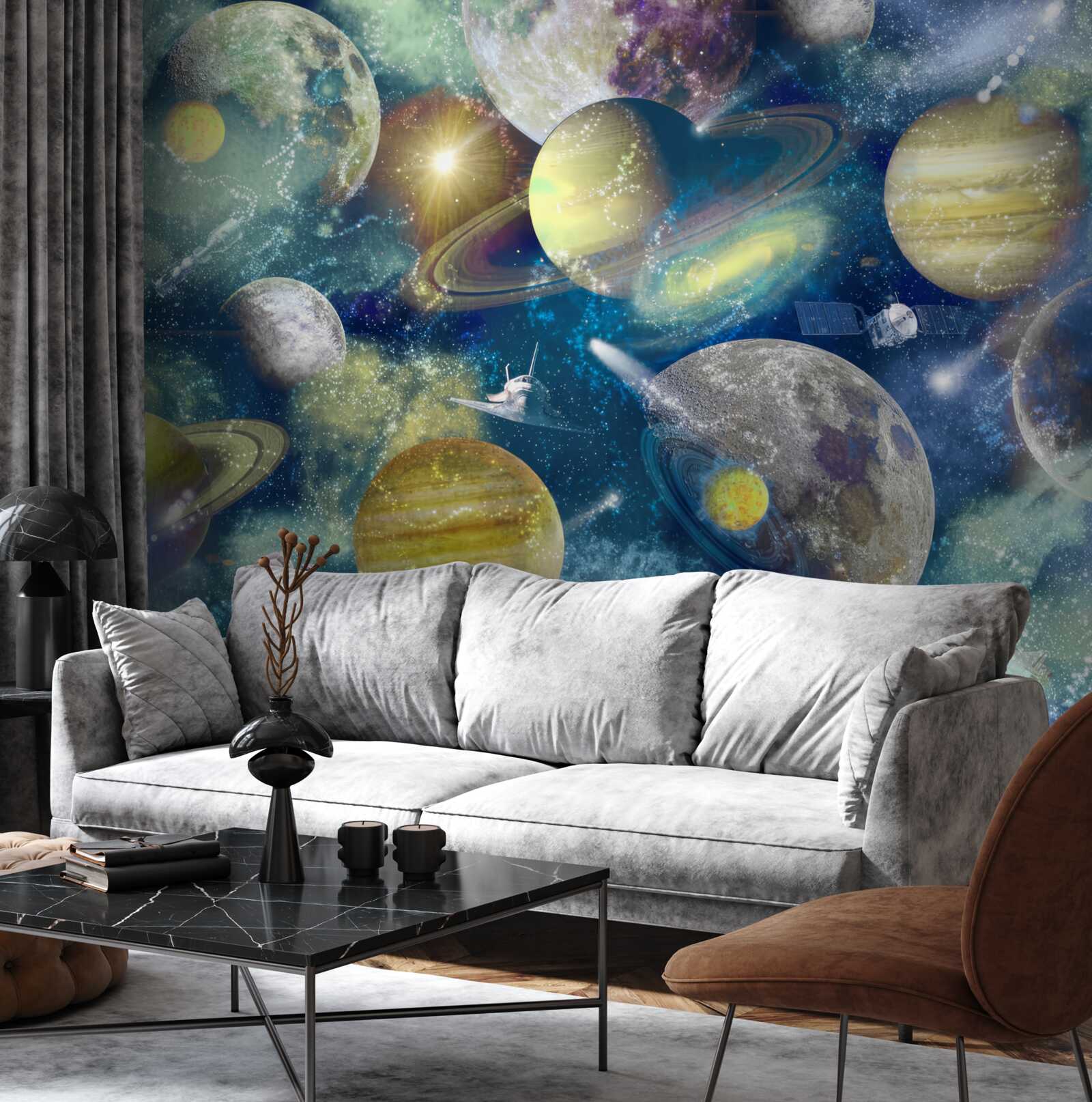 Papier peint astronaute sur fond de différentes planètes dans l'espace