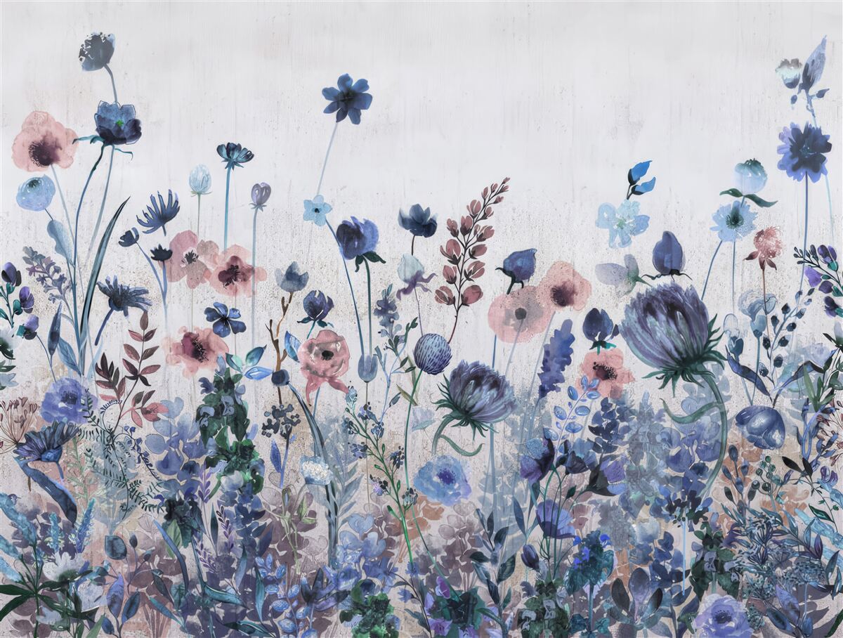 Papier peint des plantes et des fleurs dans les tons bleu et rose