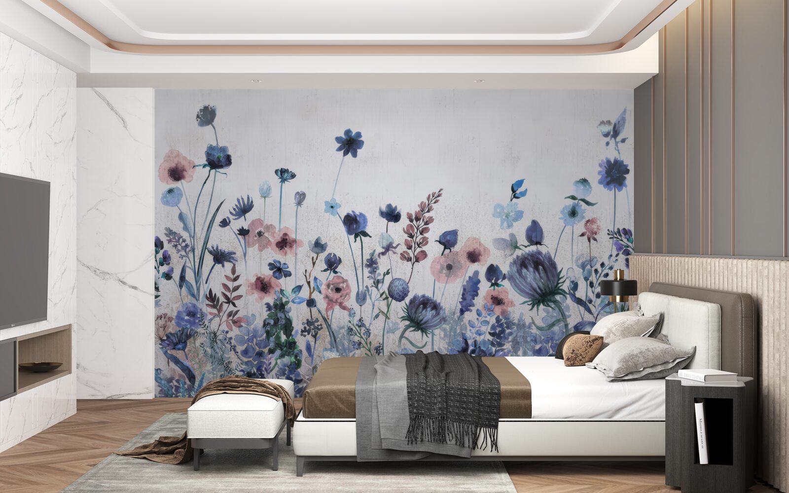 Papier peint des plantes et des fleurs dans les tons bleu et rose