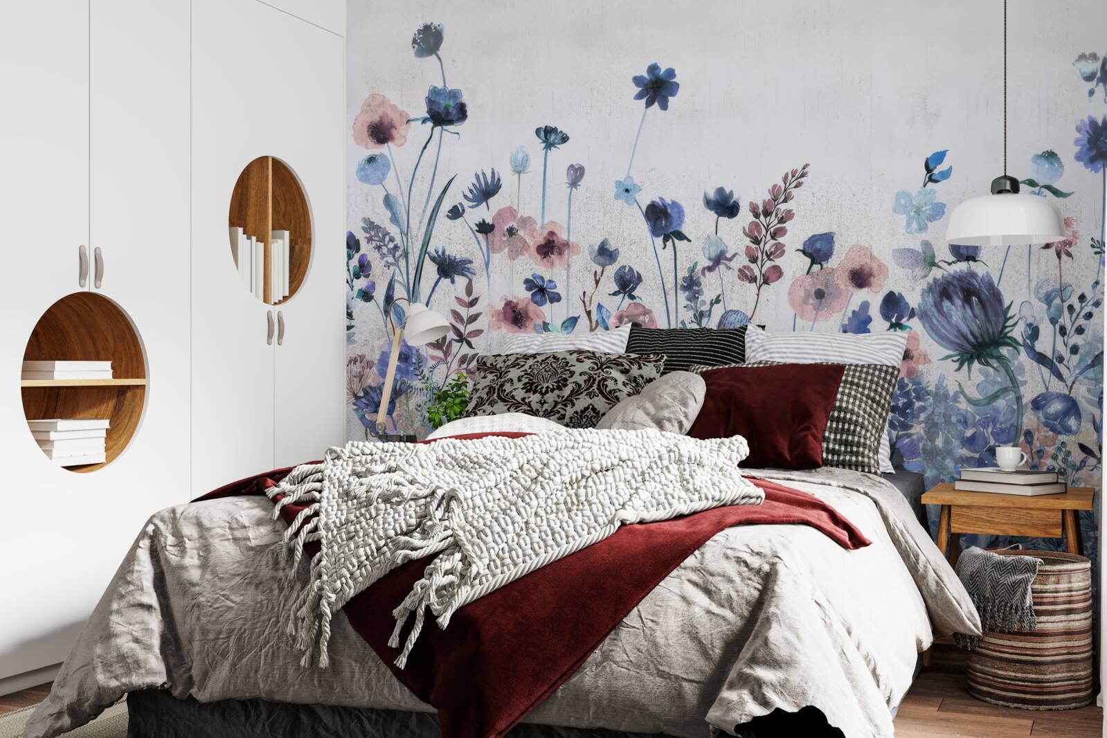 Papier peint des plantes et des fleurs dans les tons bleu et rose