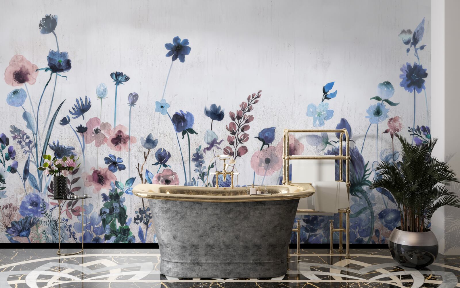 Papier peint des plantes et des fleurs dans les tons bleu et rose