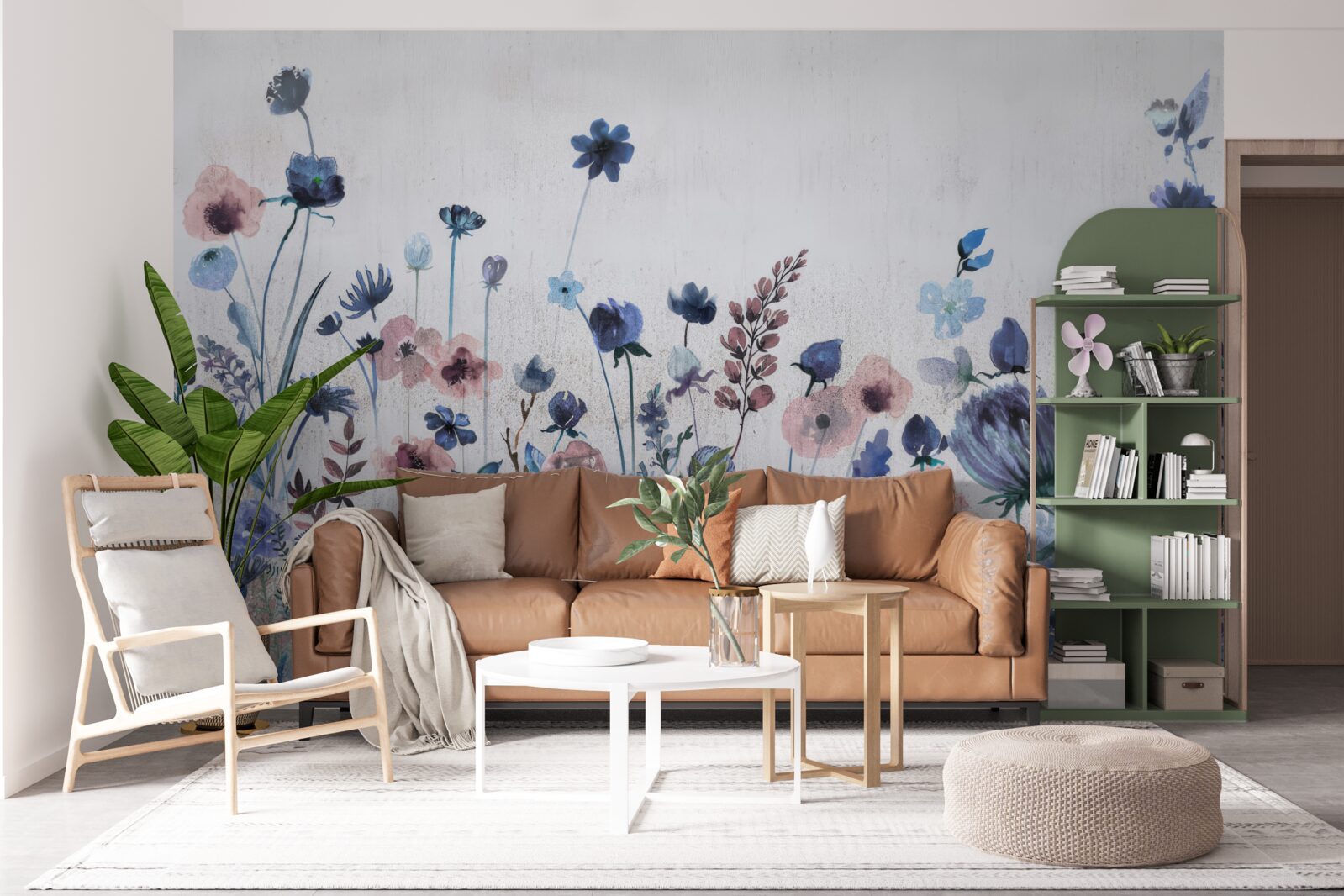 Papier peint des plantes et des fleurs dans les tons bleu et rose