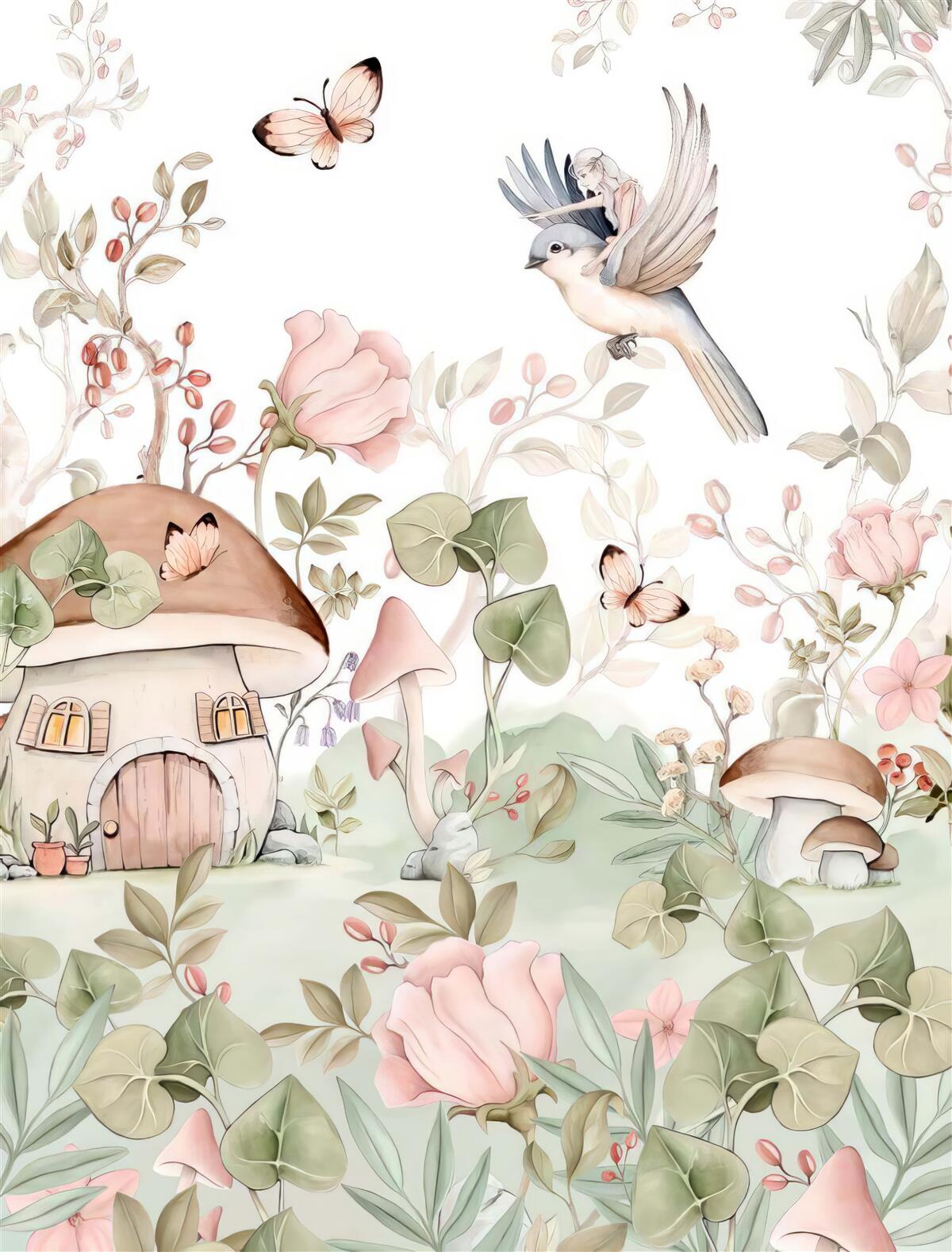 Papier peint une fille assise sur un oiseau montre la maison du doigt