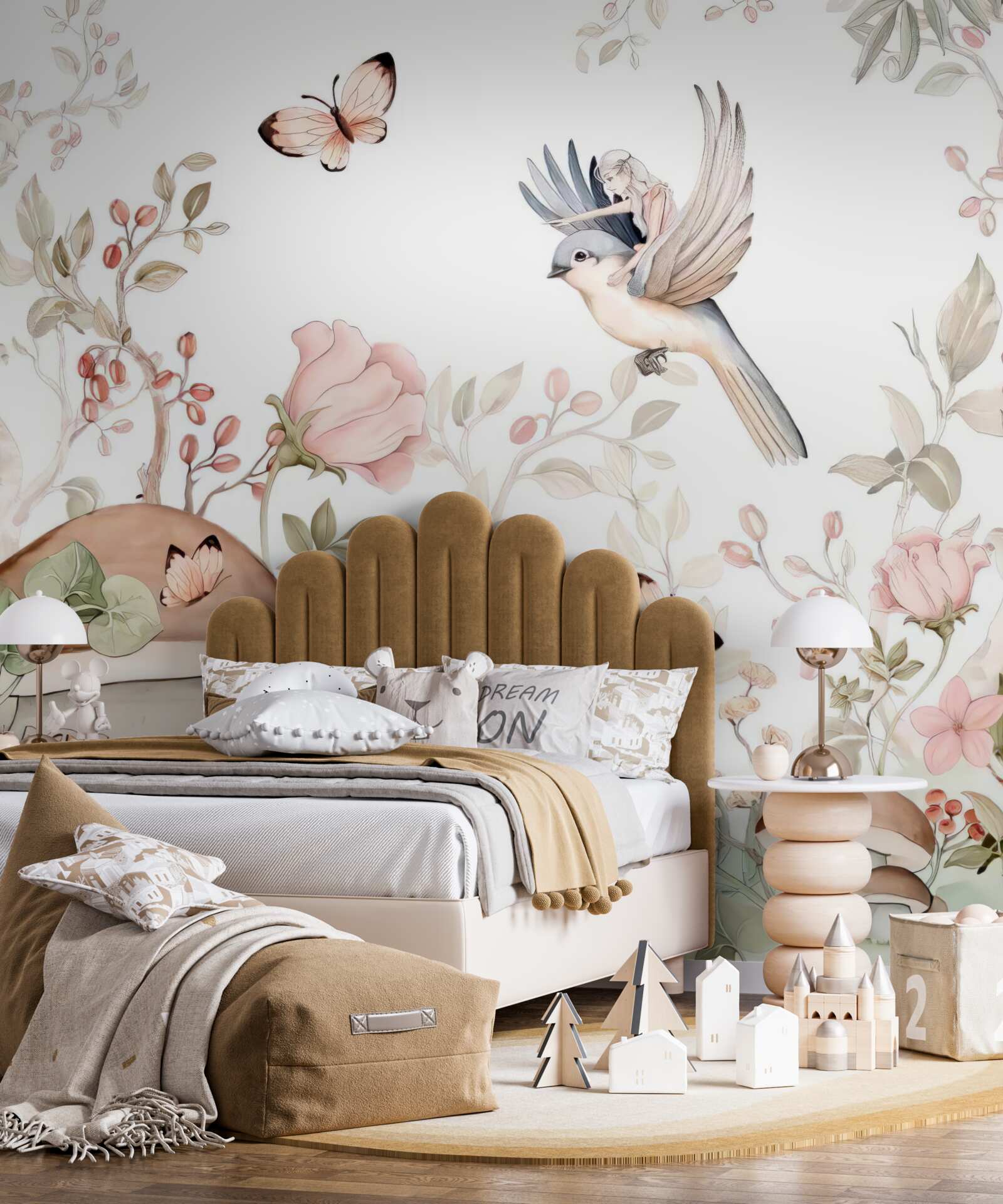 Papier peint une fille assise sur un oiseau montre la maison du doigt