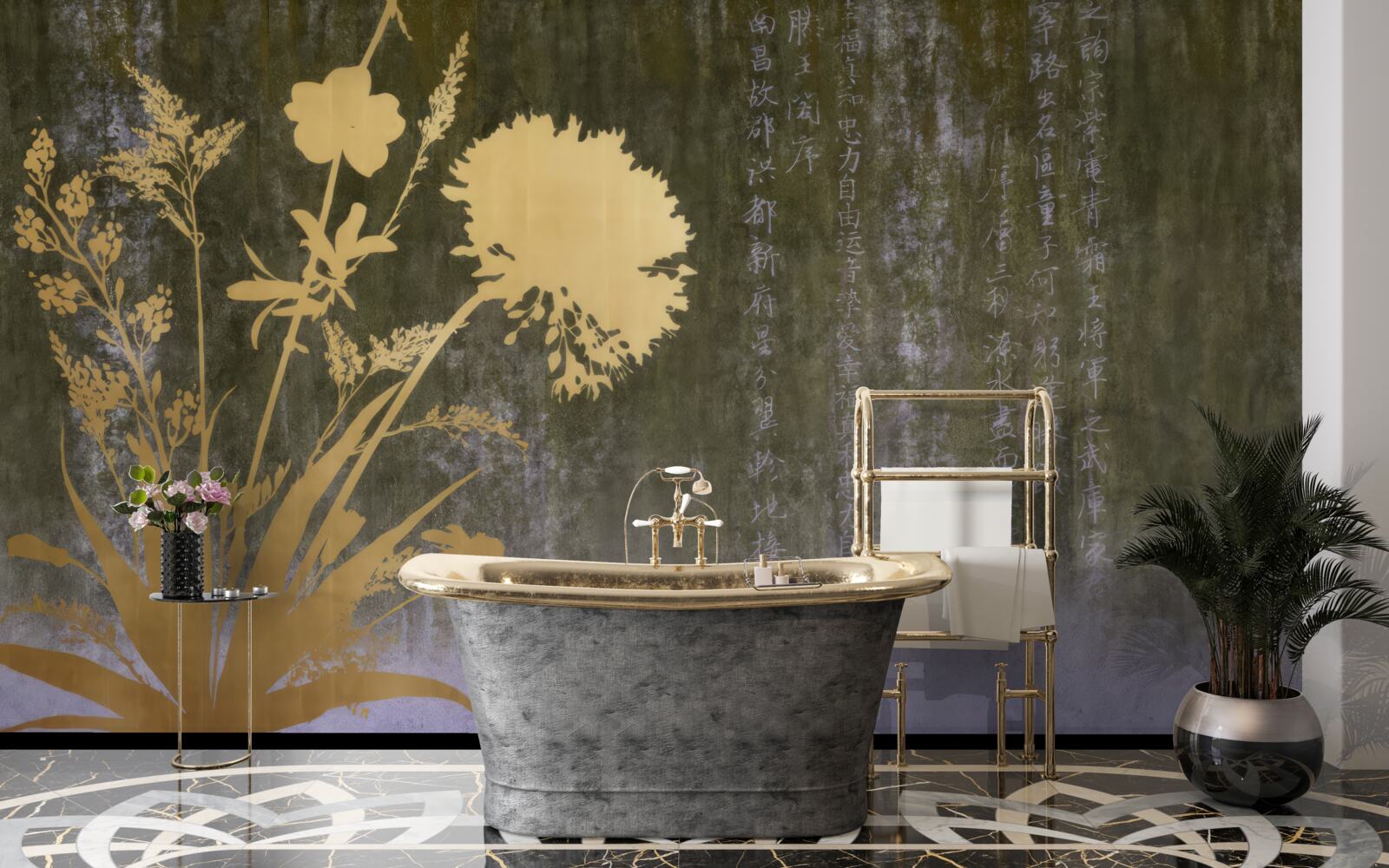 Papier peint fond avec des images de hiéroglyphes et de plantes