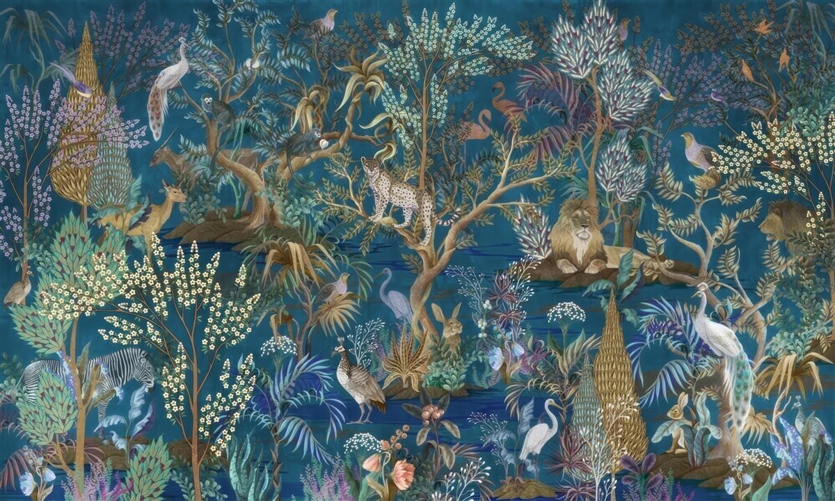 Papier peint fond sombre avec des images de plantes et d'animaux