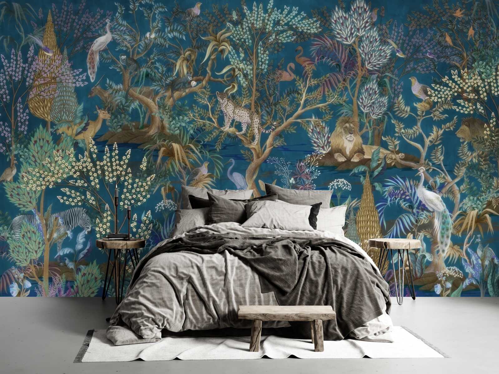 Papier peint fond sombre avec des images de plantes et d'animaux