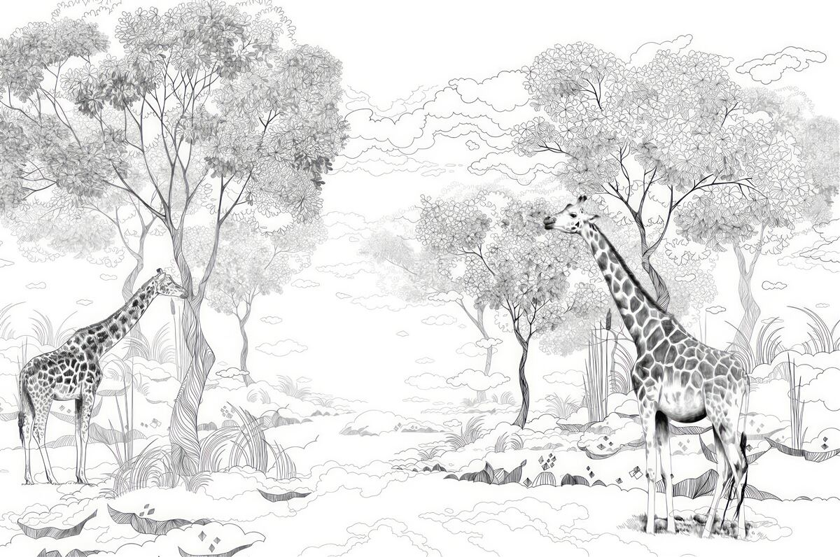 Papier peint deux girafes se tiennent près d'arbres