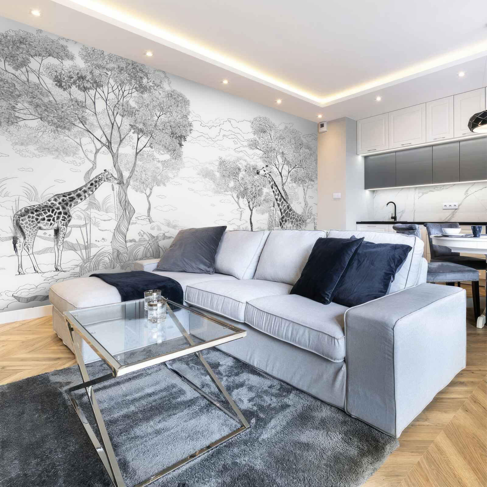 Papier peint deux girafes se tiennent près d'arbres