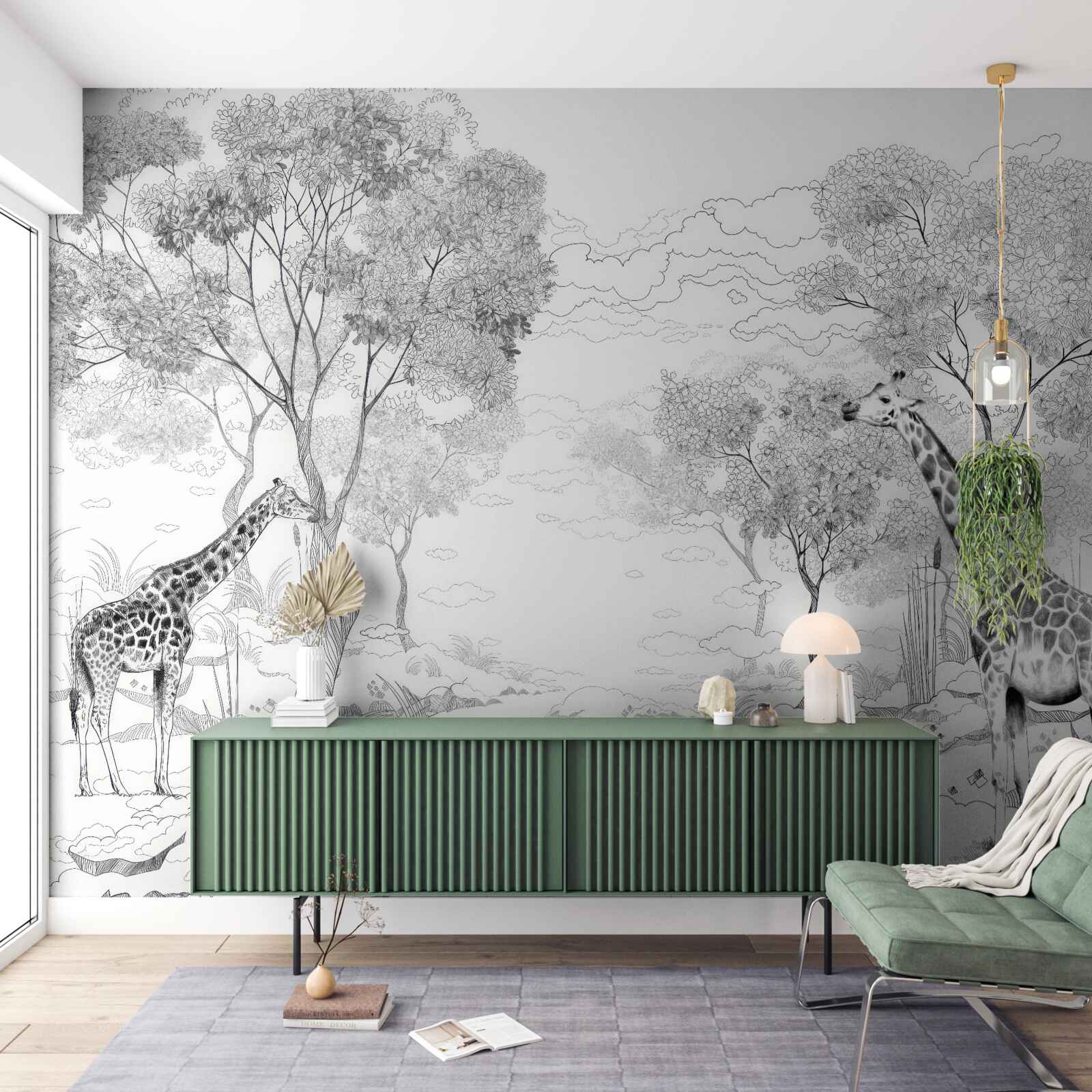 Papier peint deux girafes se tiennent près d'arbres