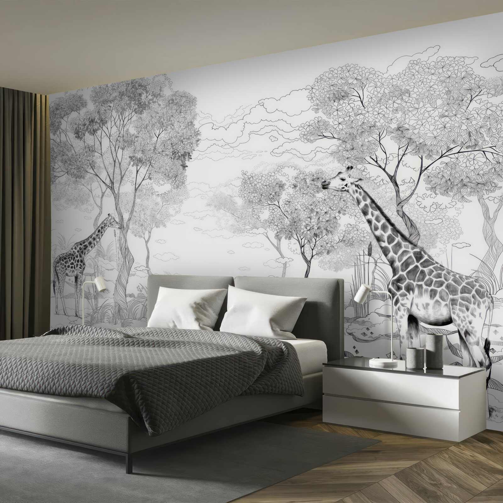 Papier peint deux girafes se tiennent près d'arbres