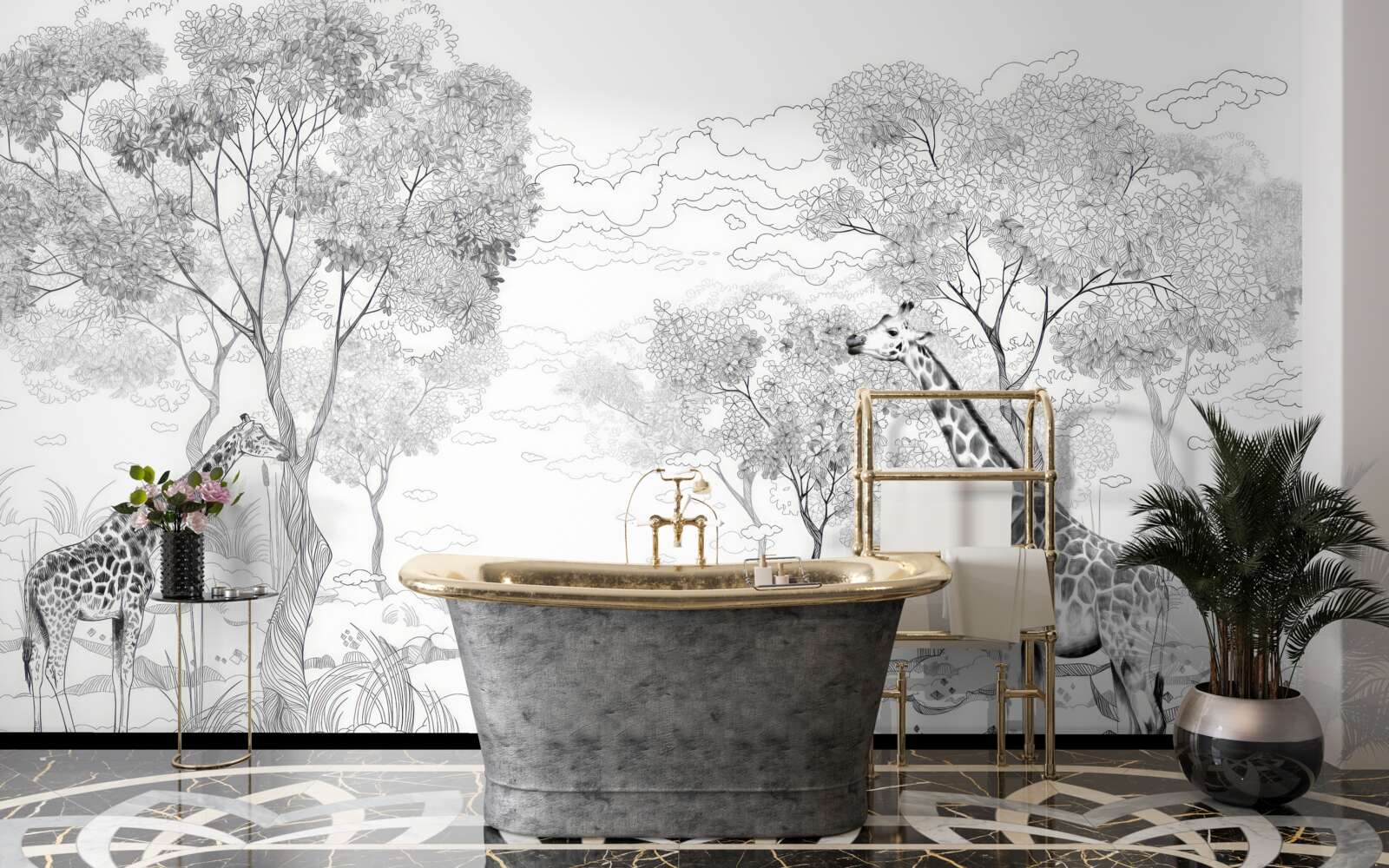 Papier peint deux girafes se tiennent près d'arbres