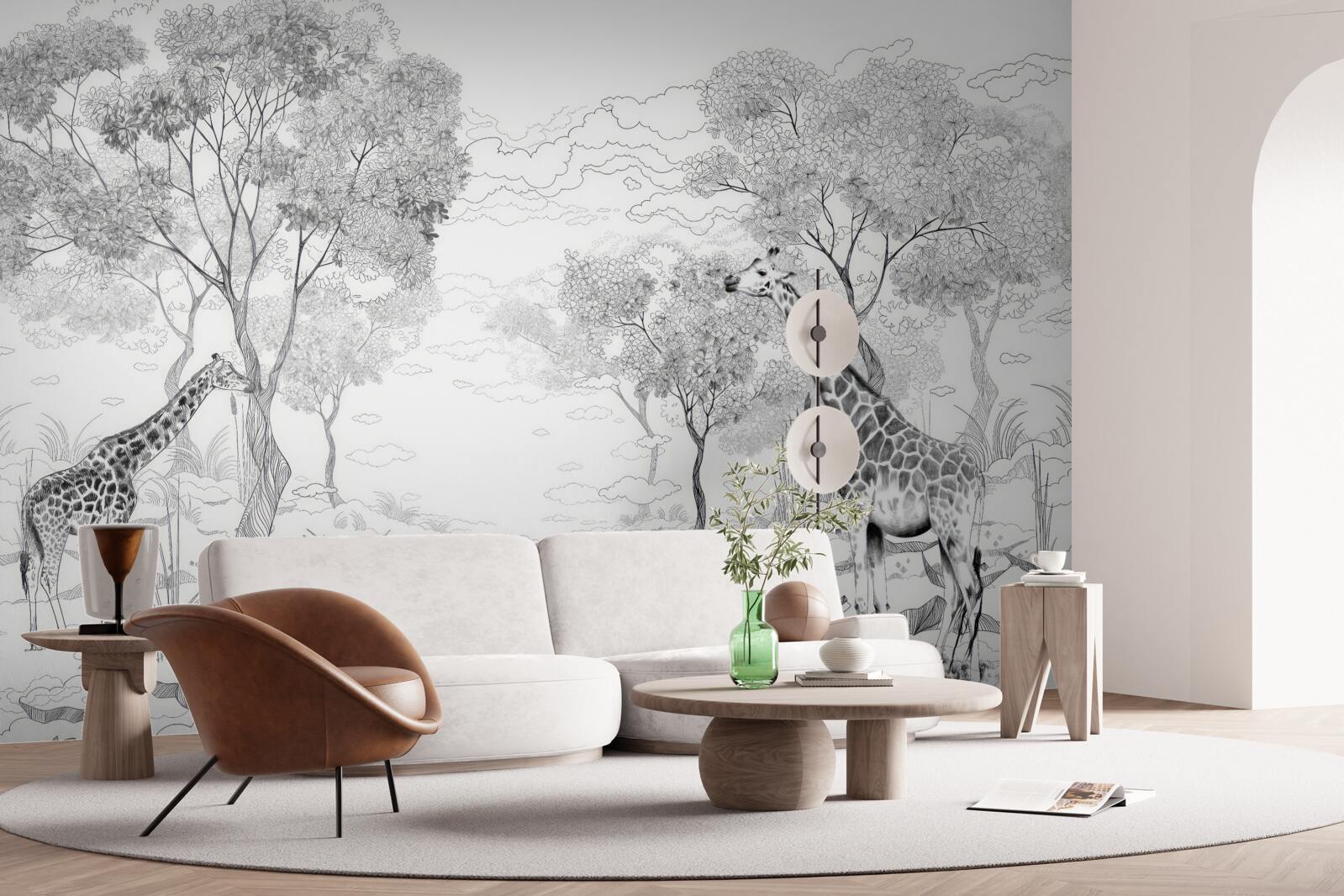 Papier peint deux girafes se tiennent près d'arbres