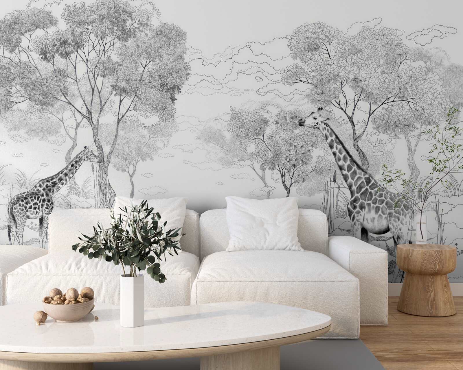 Papier peint deux girafes se tiennent près d'arbres