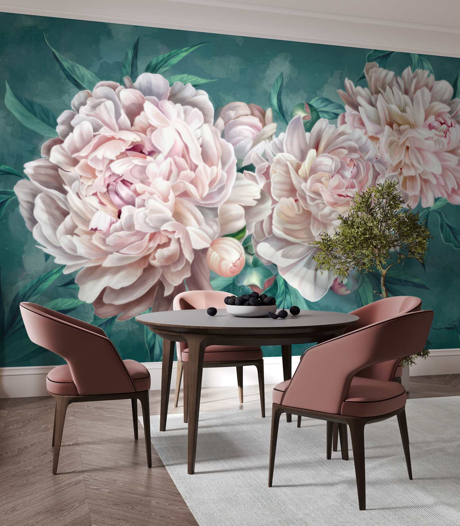 Papier peint pivoines dans une nuance rose délicate