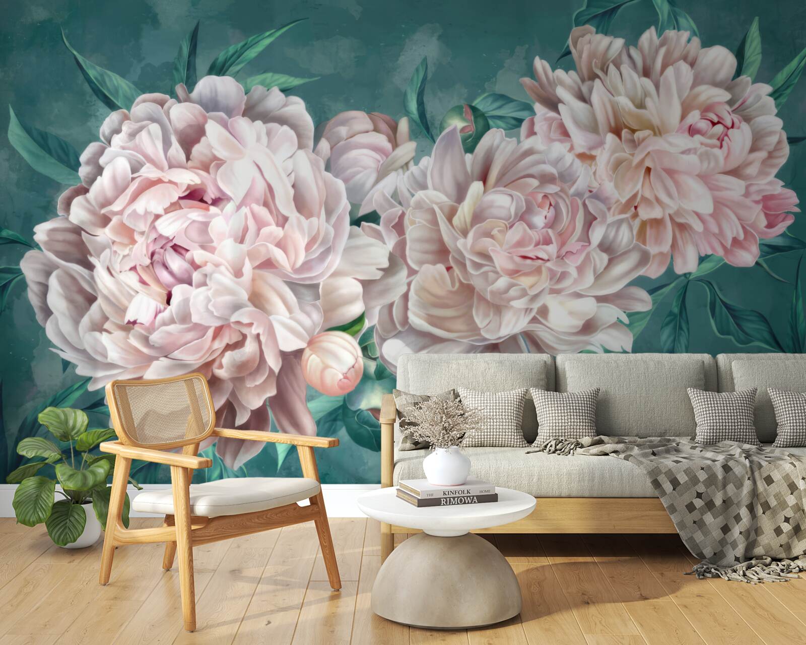 Papier peint pivoines dans une nuance rose délicate