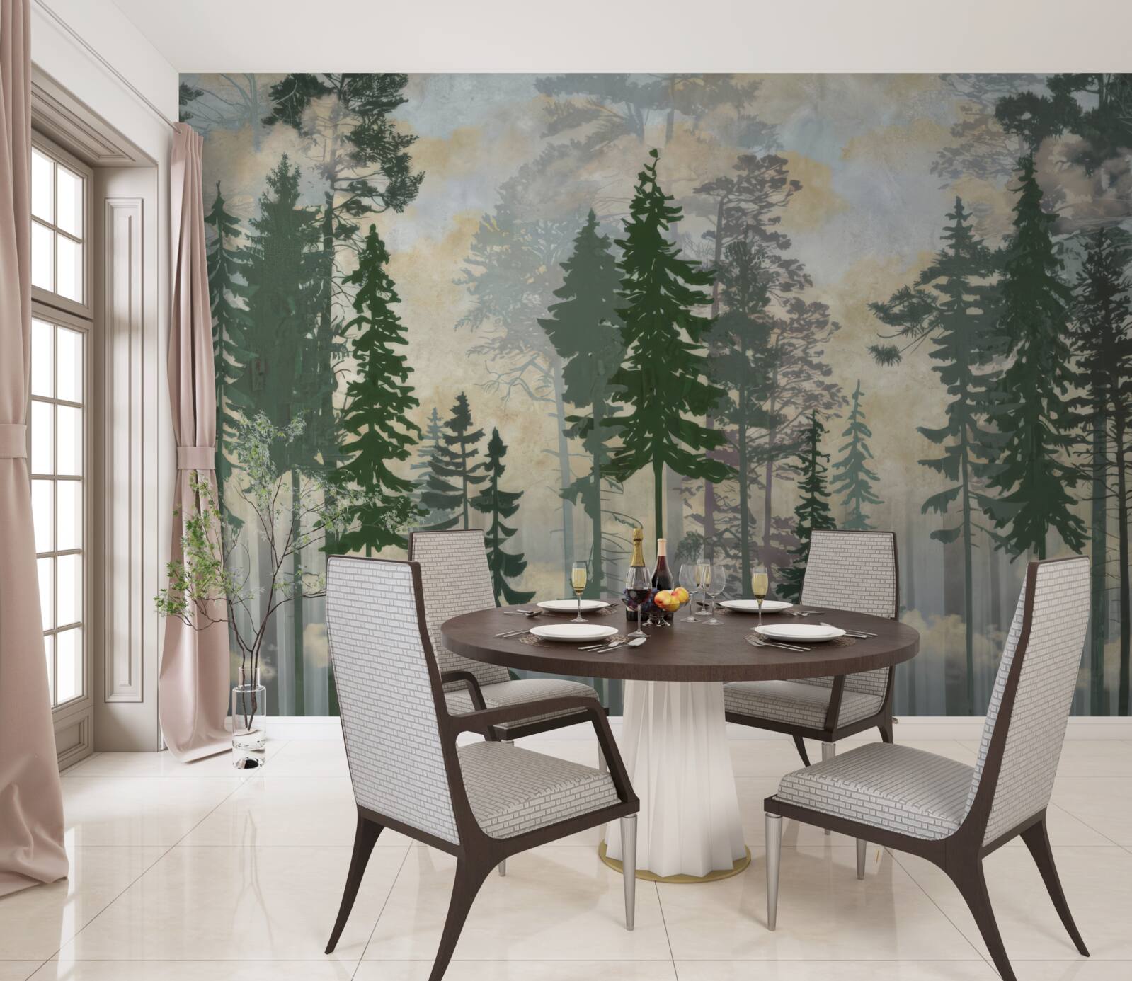 Papier peint forêt brumeuse entourée d'arbres