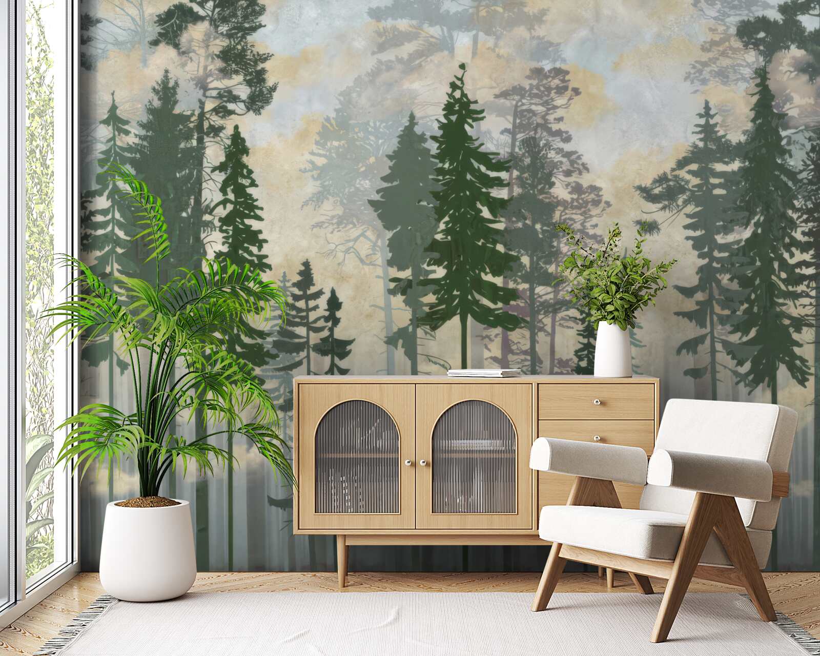 Papier peint forêt brumeuse entourée d'arbres