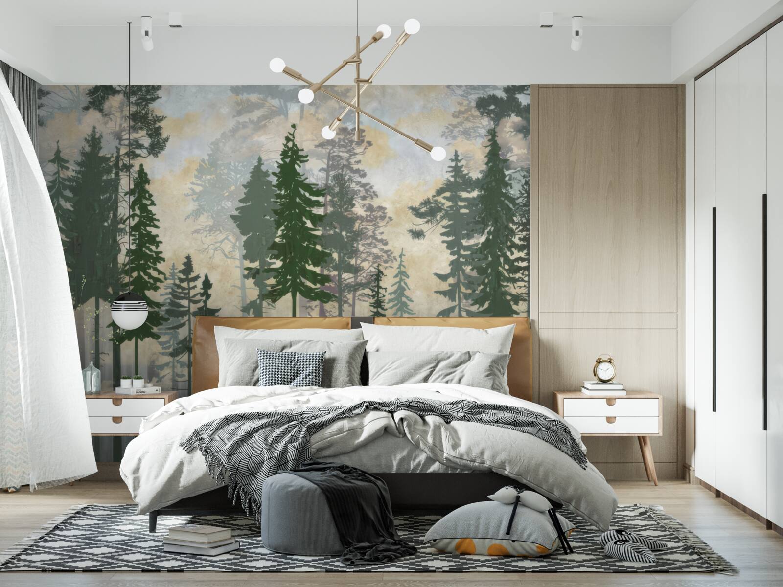 Papier peint forêt brumeuse entourée d'arbres