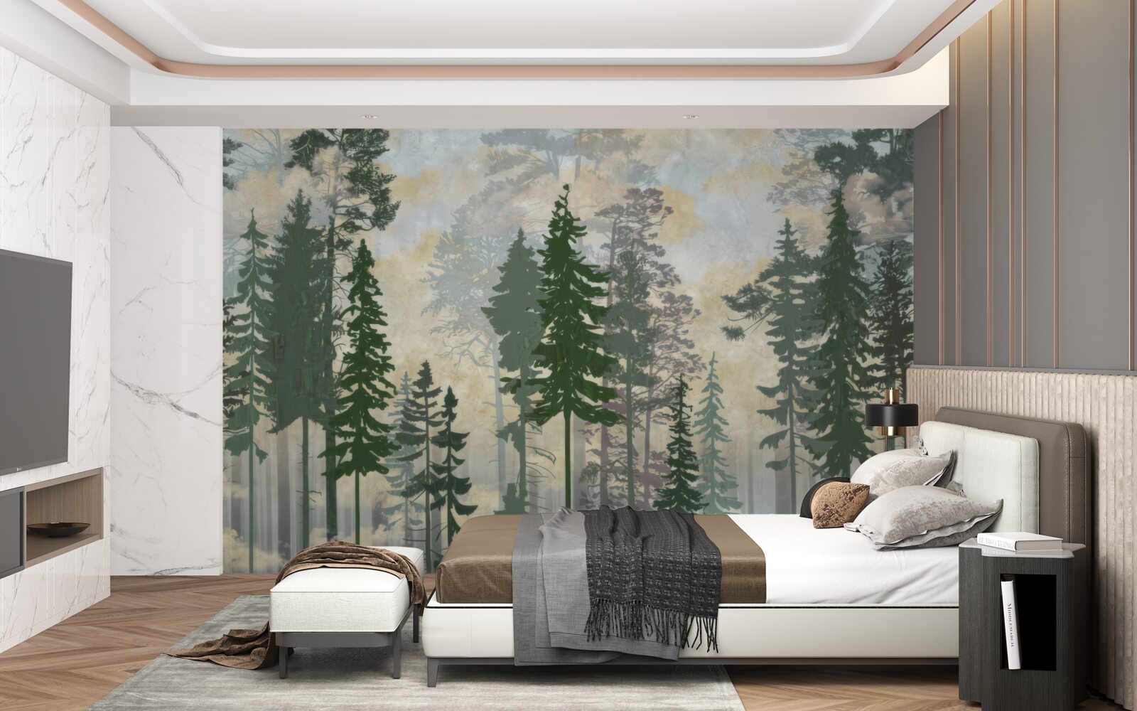 Papier peint forêt brumeuse entourée d'arbres